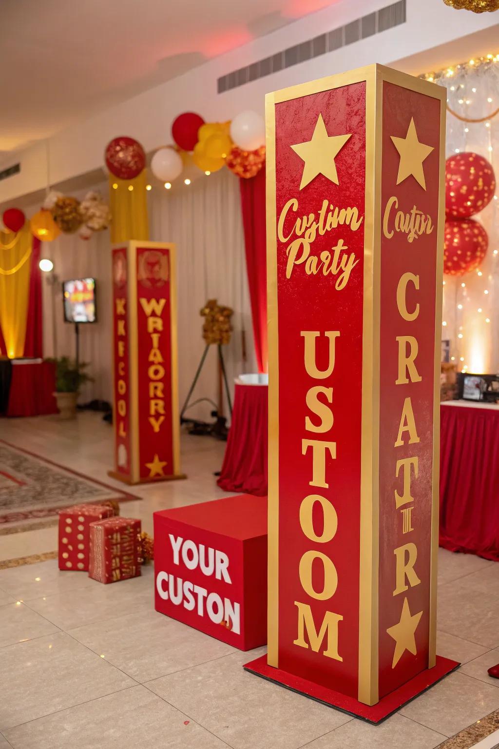 Themed signage contributes a personal touch to your party decor.