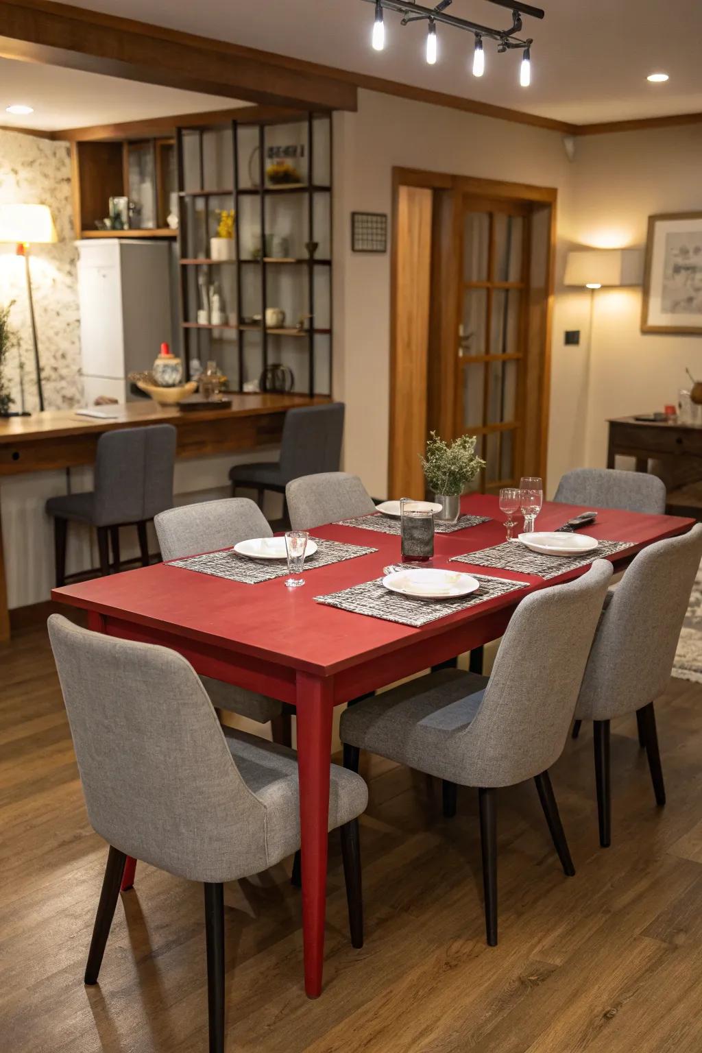A dining room showcasing a crimson table and grey chairs.