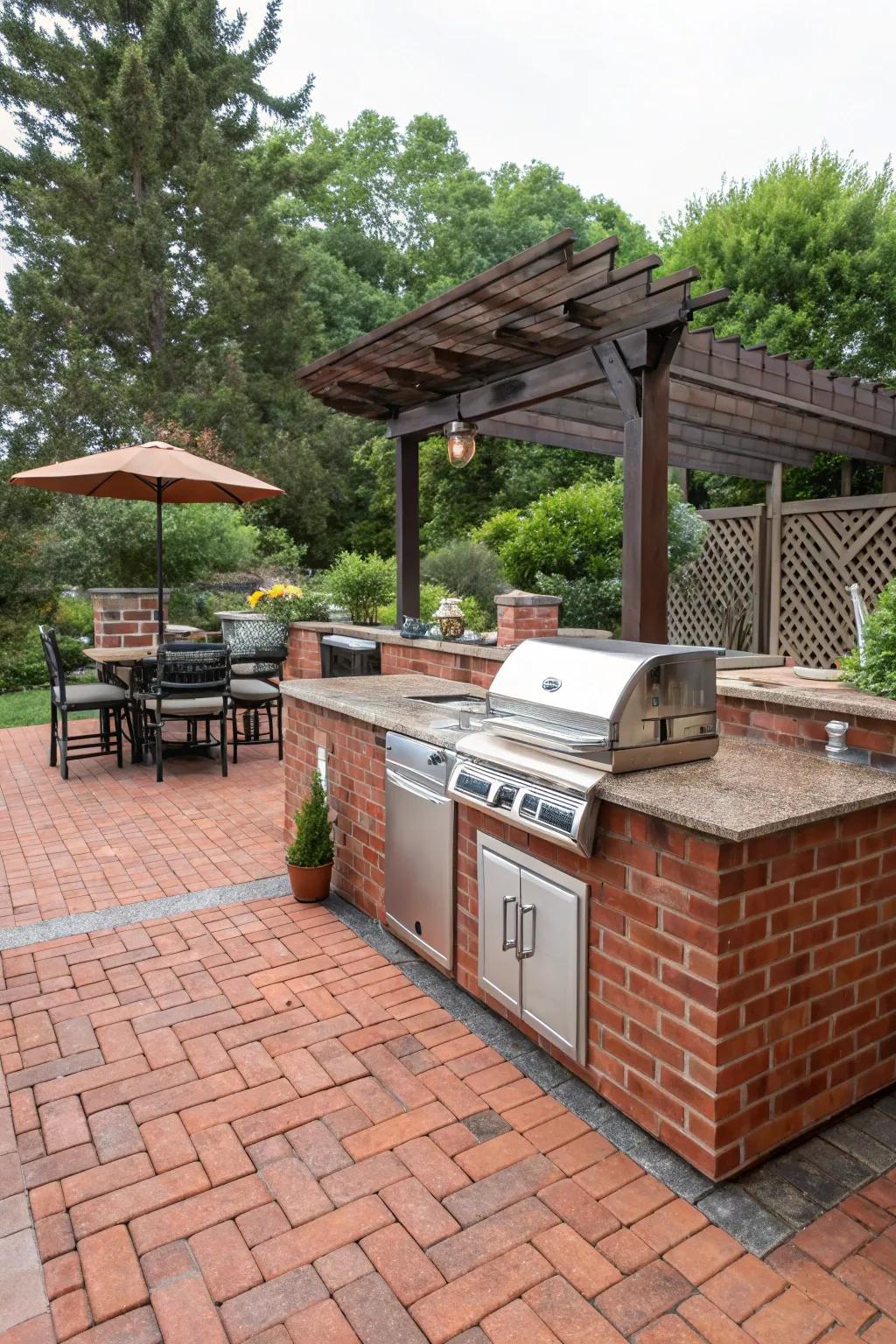 A red brick patio displaying a fashionable outdoor kitchen layout