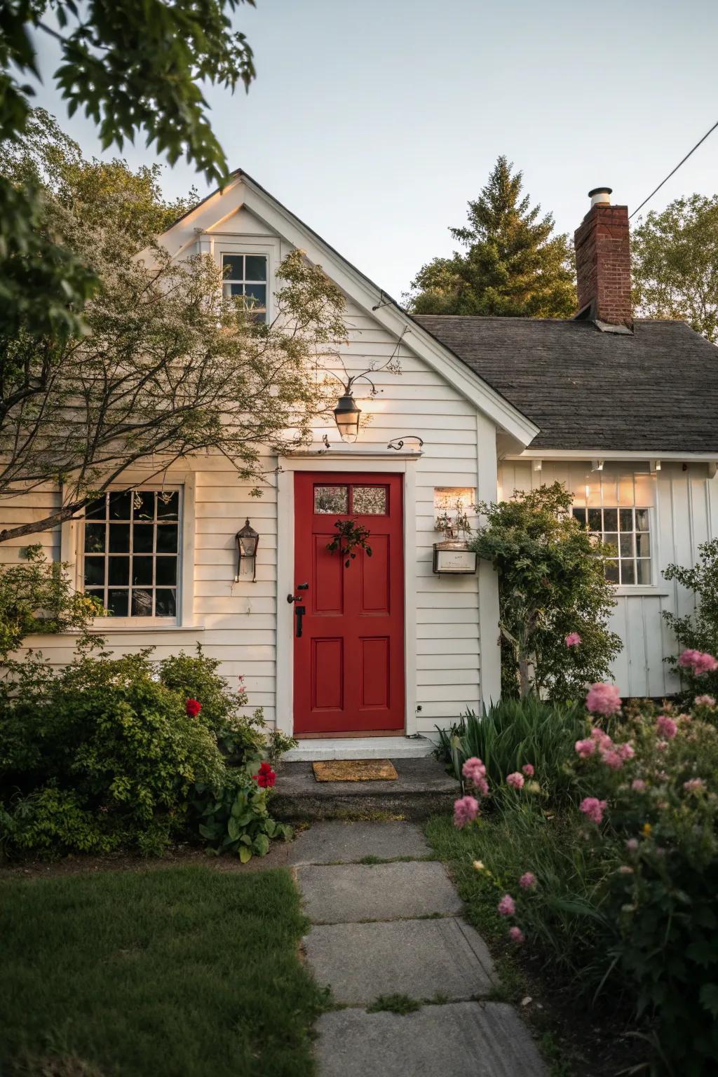 Charming cottage with a crimson door and vintage accents.