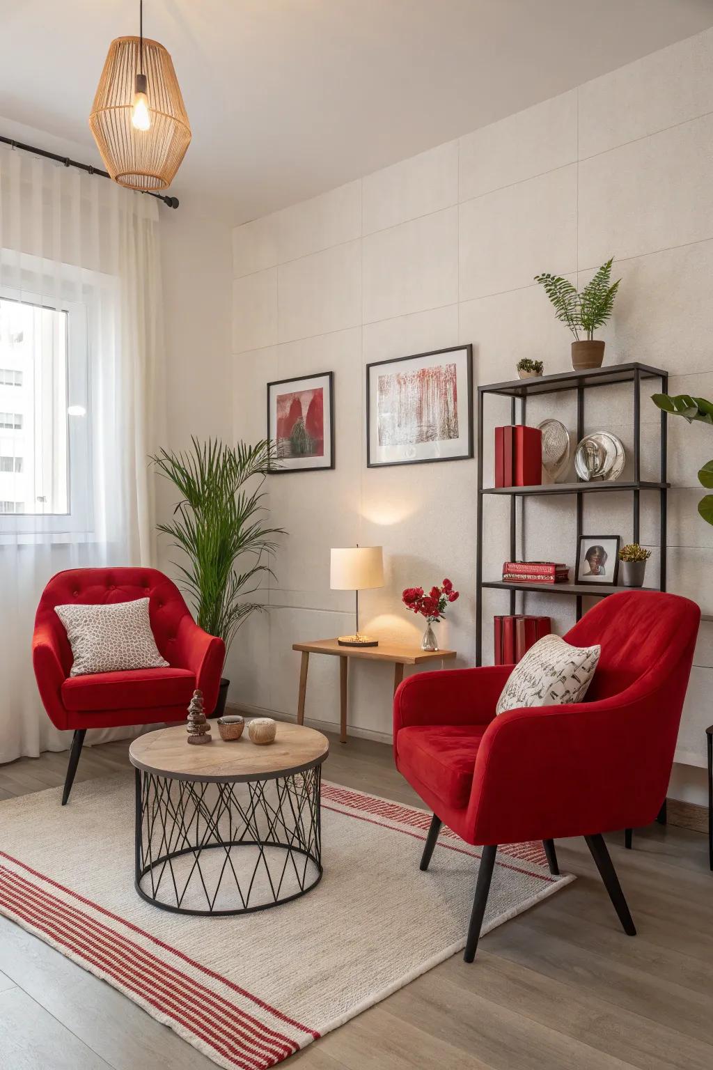 A modern-themed room that incorporates rouge accents for a bold and refreshing look.