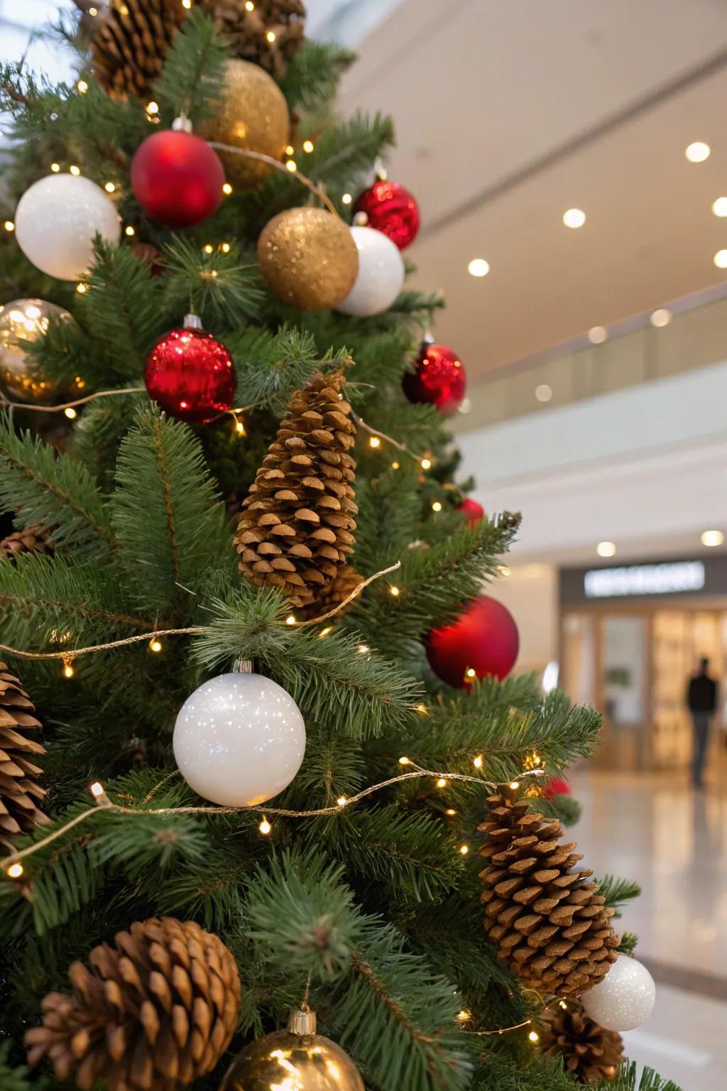 Gilded-immersed fir cones introducing a natural sophistication to the tree.