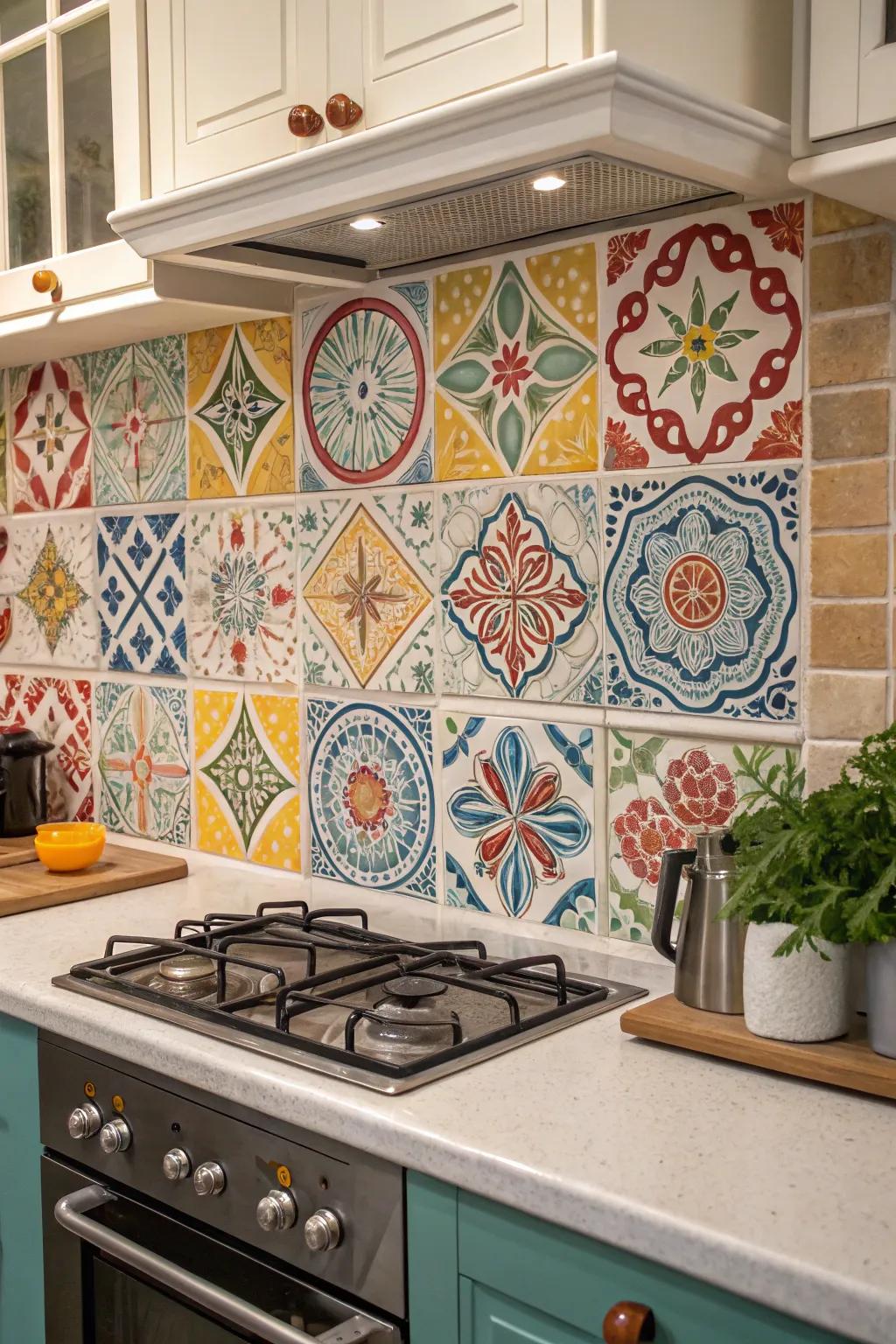 Colorful textured tiles provide a lively accent to the cooking area.
