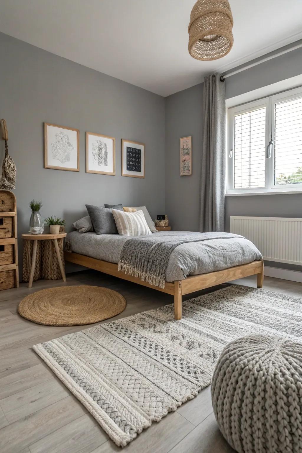 Layered floor coverings enhance the cozy sensation of a repose gray bedroom.