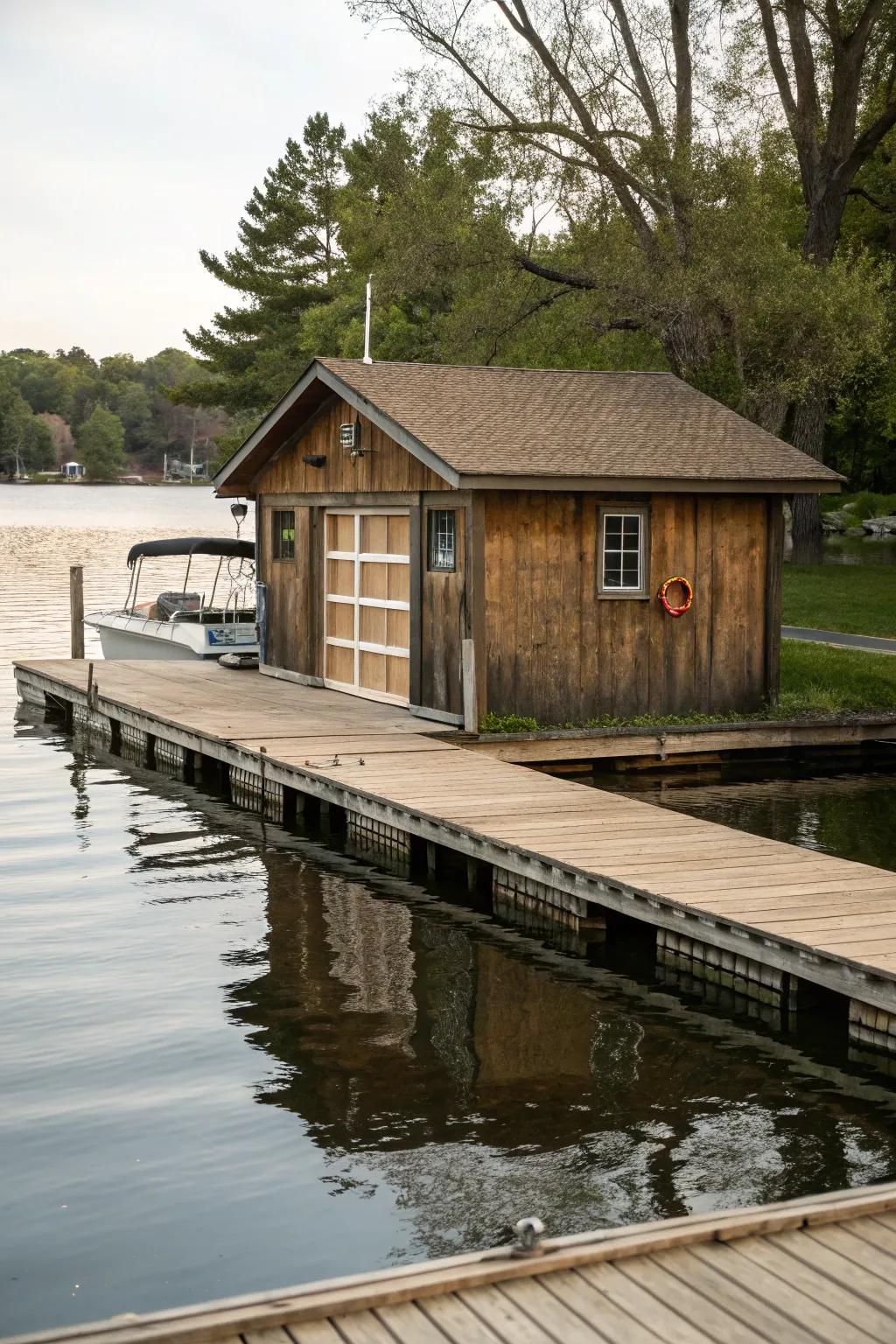 A combined dock and boathouse for both storage and leisure.