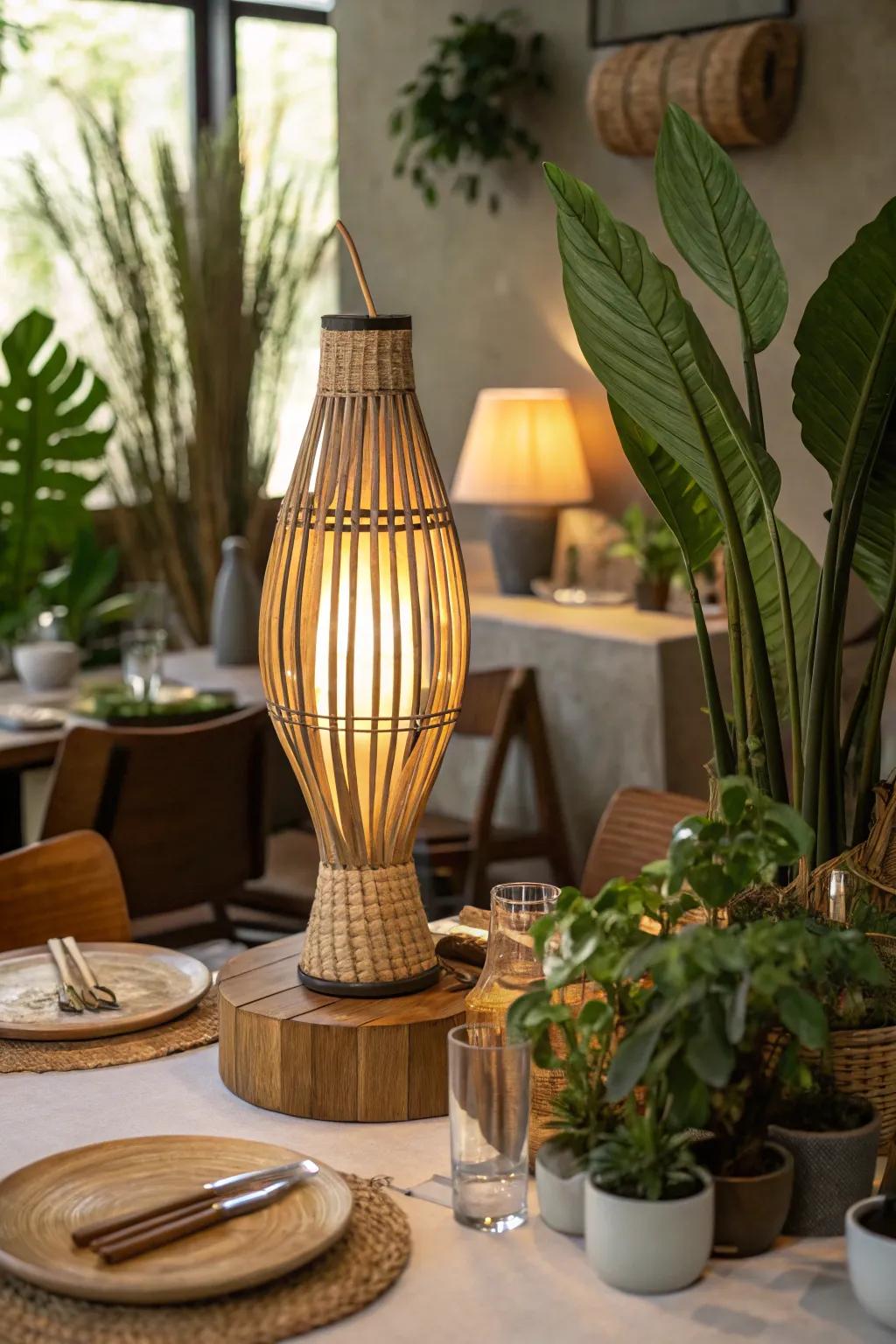A bamboo table lamp complements a restaurant table adorned with natural decor elements.