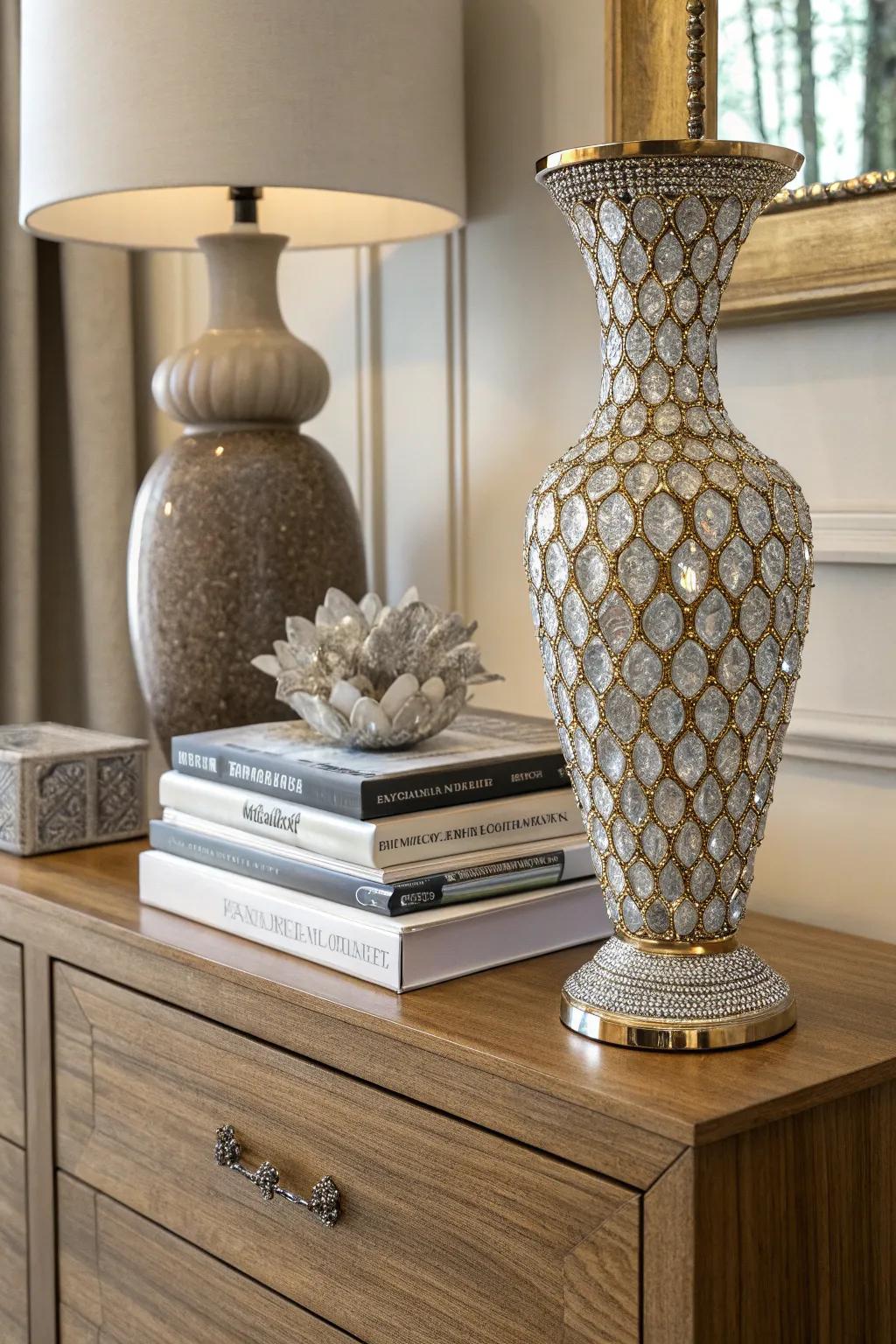 Double linked gem designs enhance common vases.