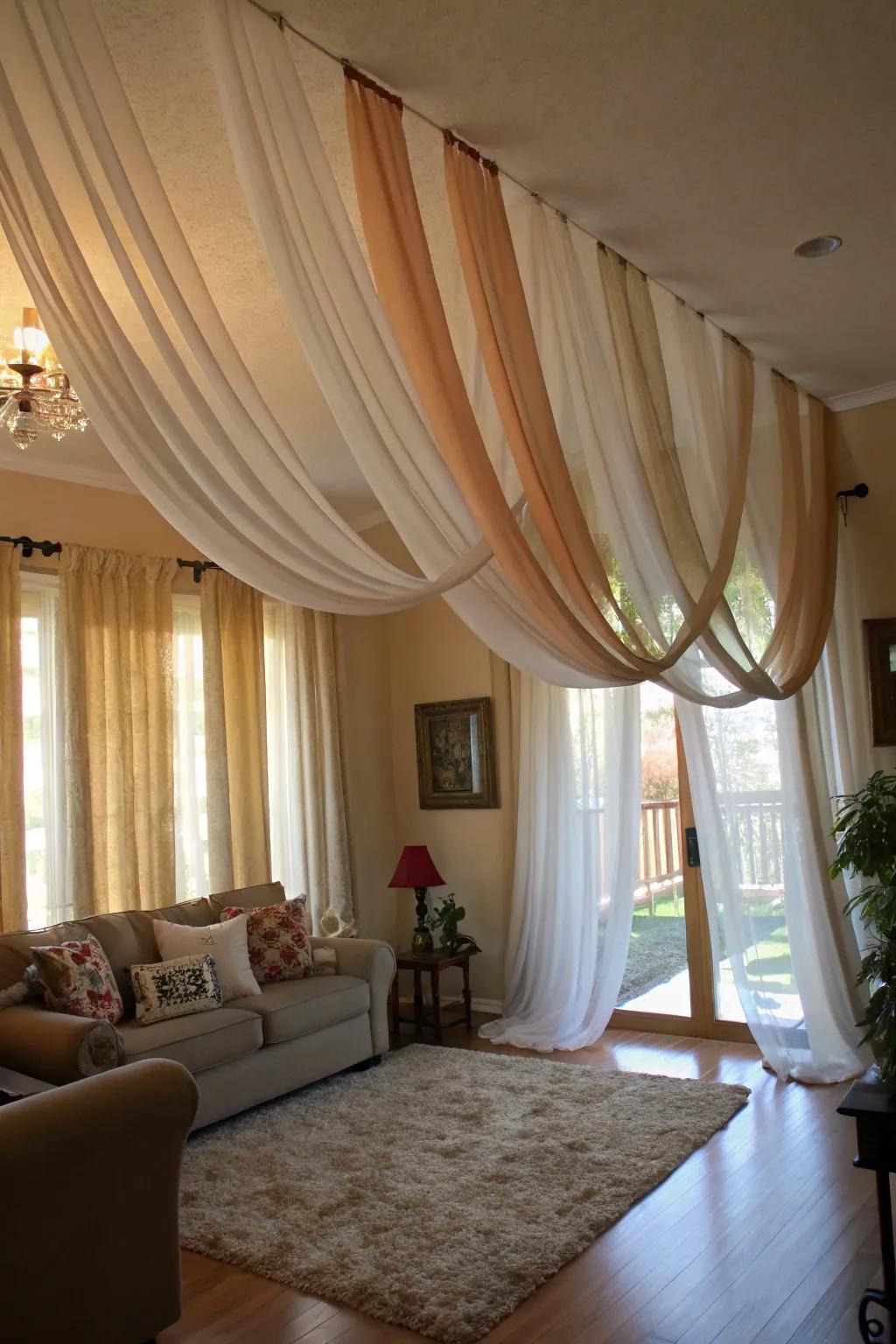 Dramatic ribbon curtains cascading from ceiling to floor.