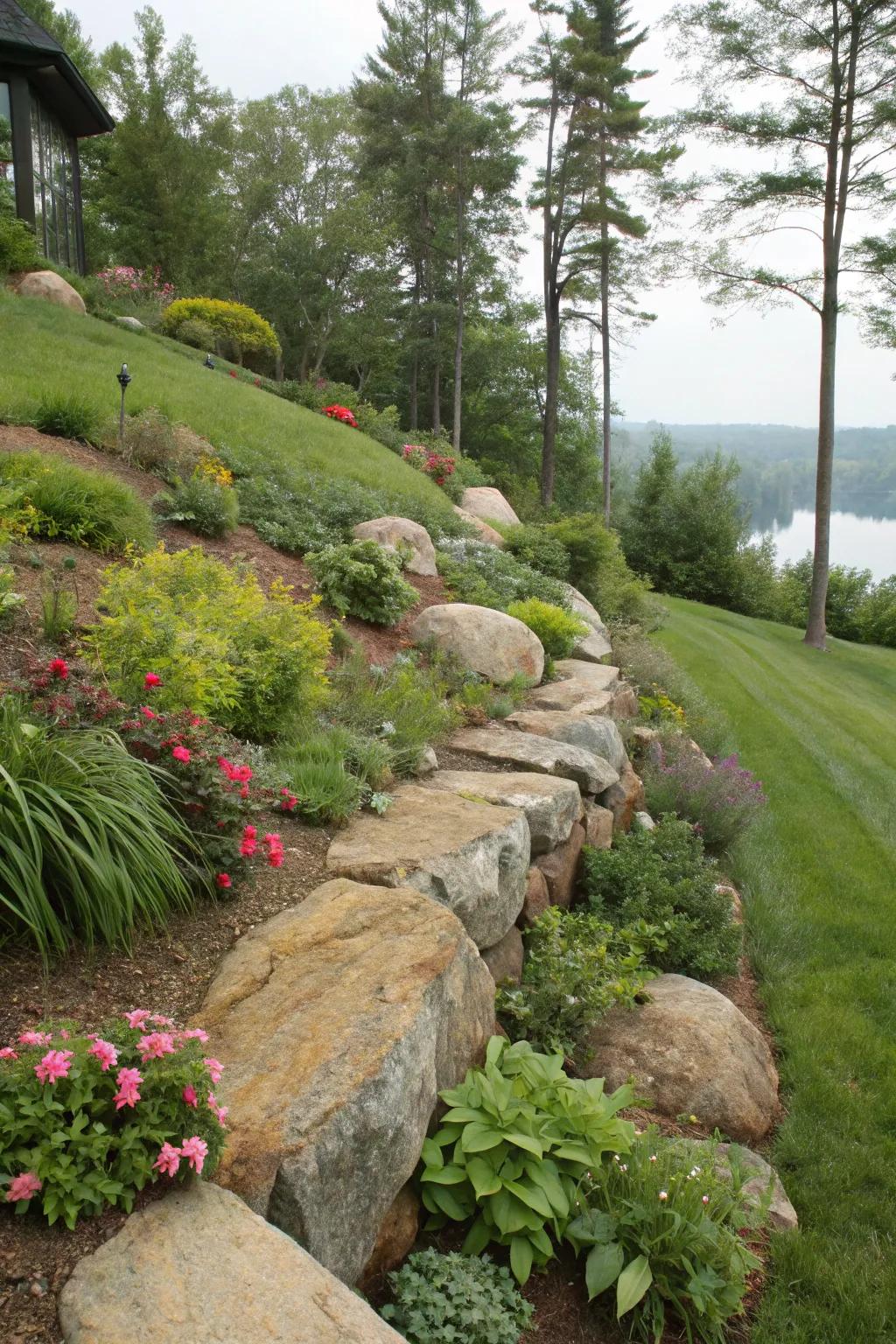 Heavy boulders are effectively utilized for soil retention on a garden slope.