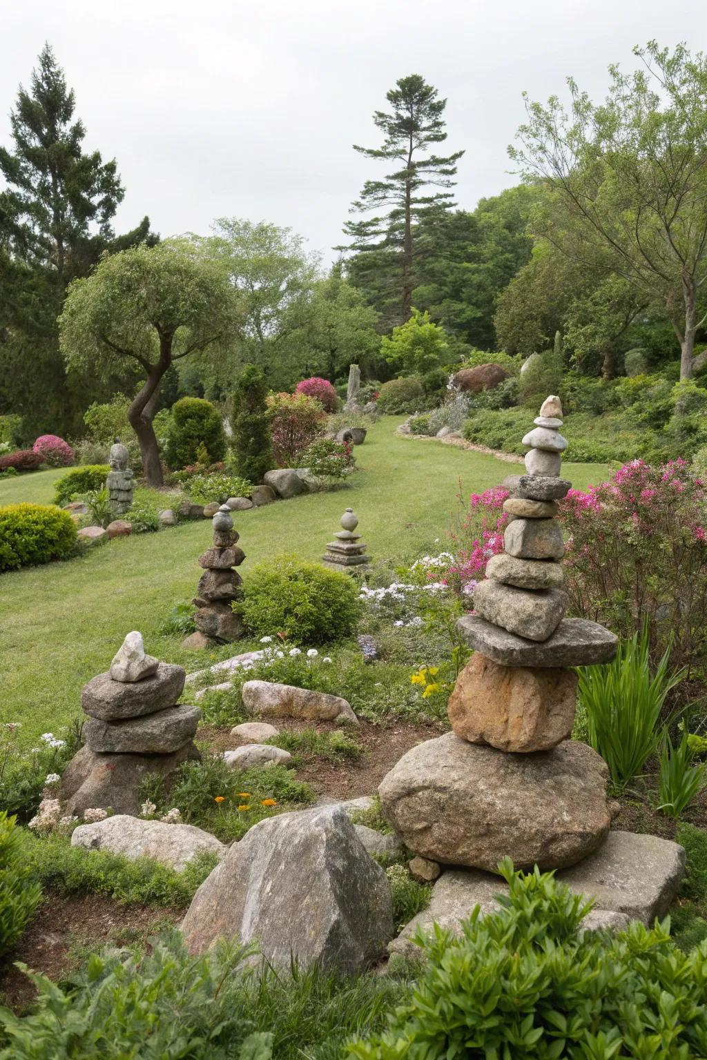 Sculptural rock formations add an artistic flair to the landscape.