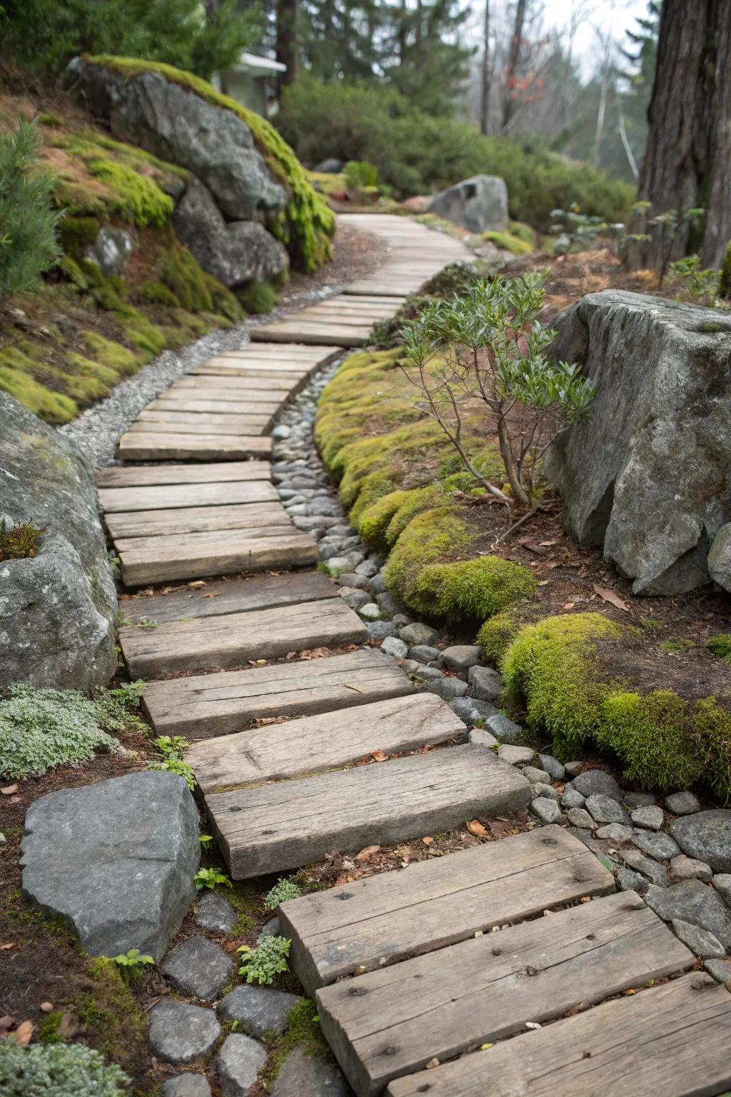 Wooden planks flanking stones contribute a countryside allure to walkways.