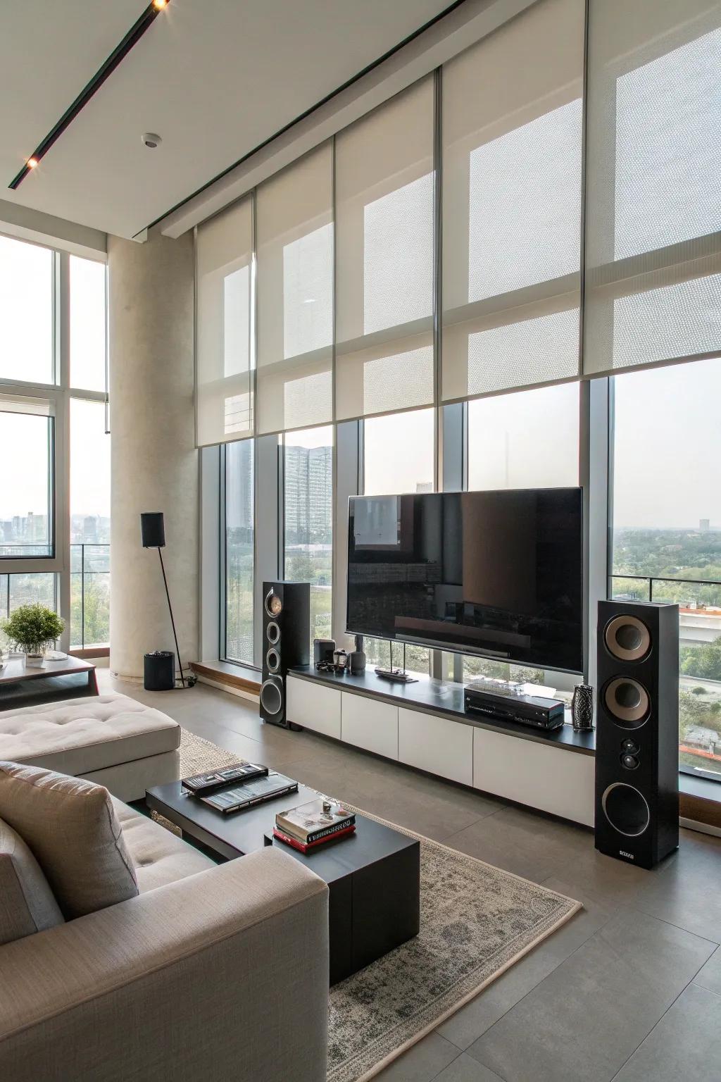 Welcome technology with streamlined automated roll-up blinds.