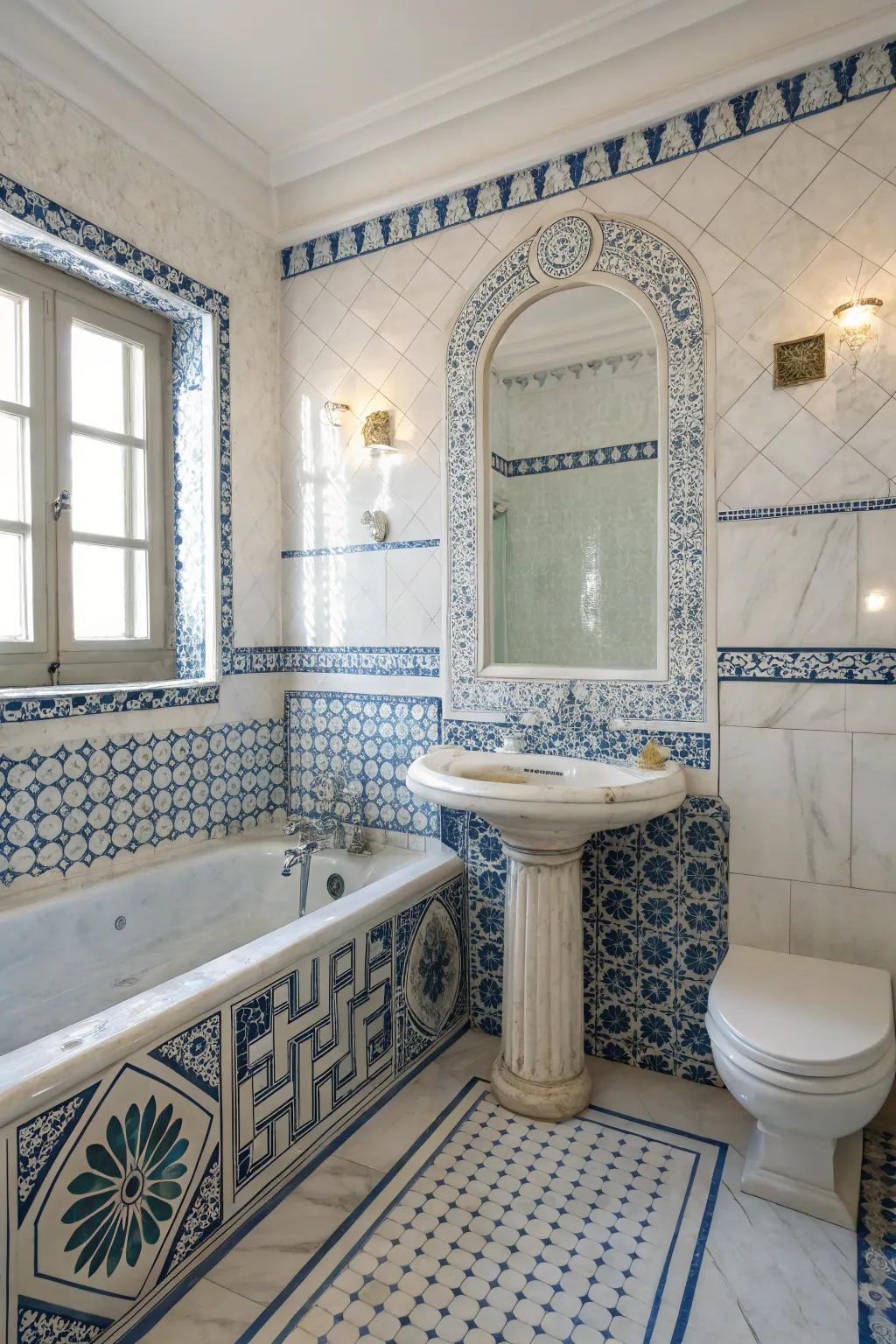 Differing tiles create a bold assertion within this graceful washroom.