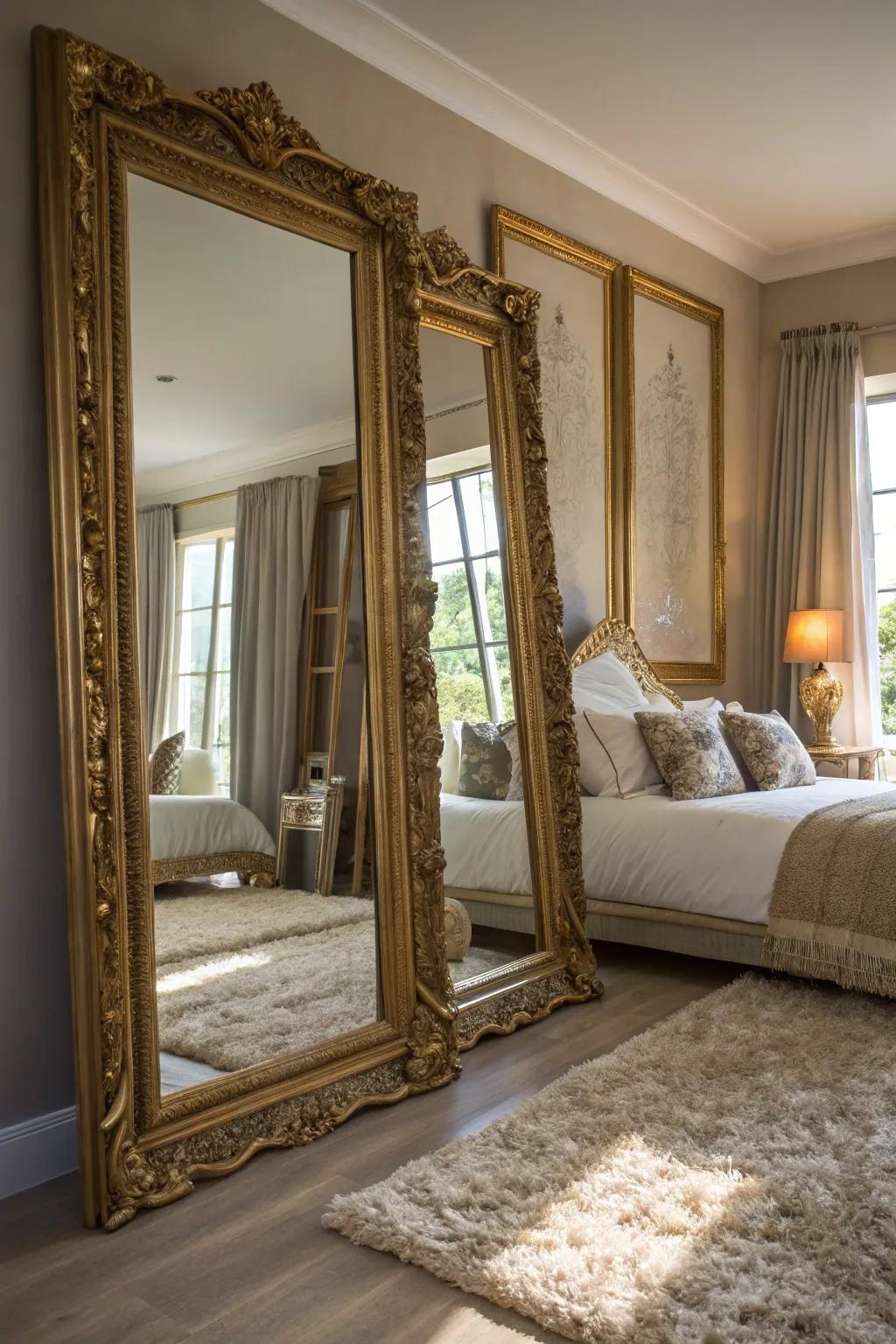 Ornamental mirrors amplify light and contribute a glamorous accent to this bedroom.