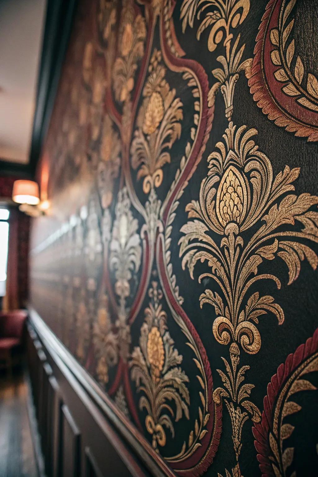 Elaborate wallpapers add depth and Victorian charm to the boudoir décor.