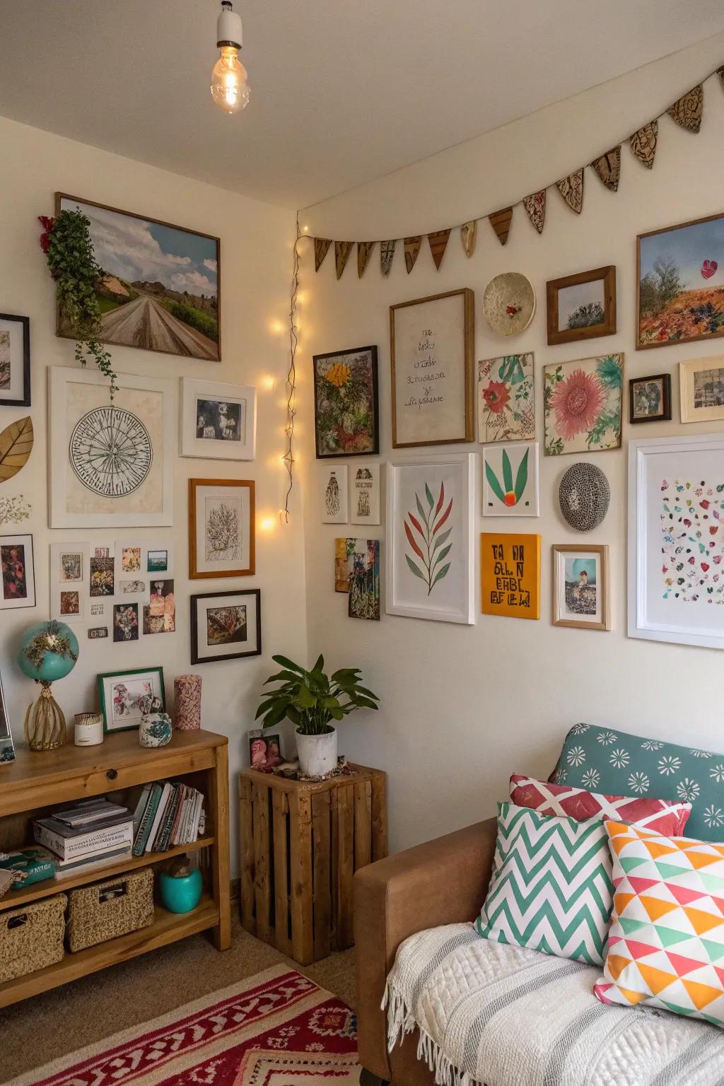 A personalized room exhibiting an array of artistic and decorative elements that mirror individual style.