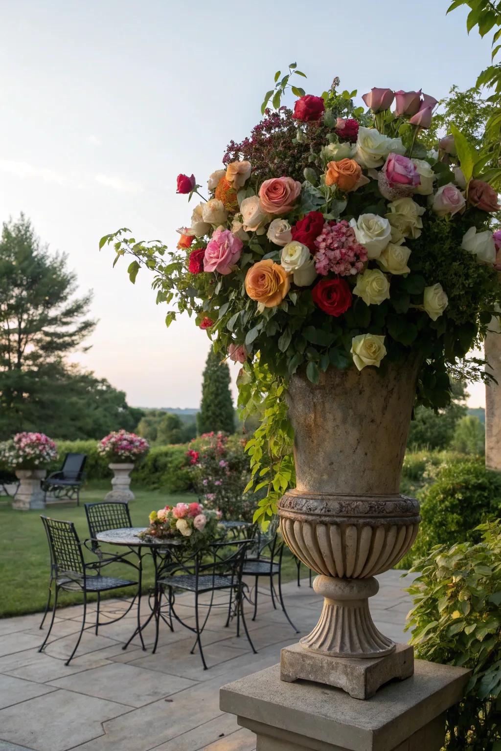 Garden gala resplendence featuring a generous pitcher of assorted roses.
