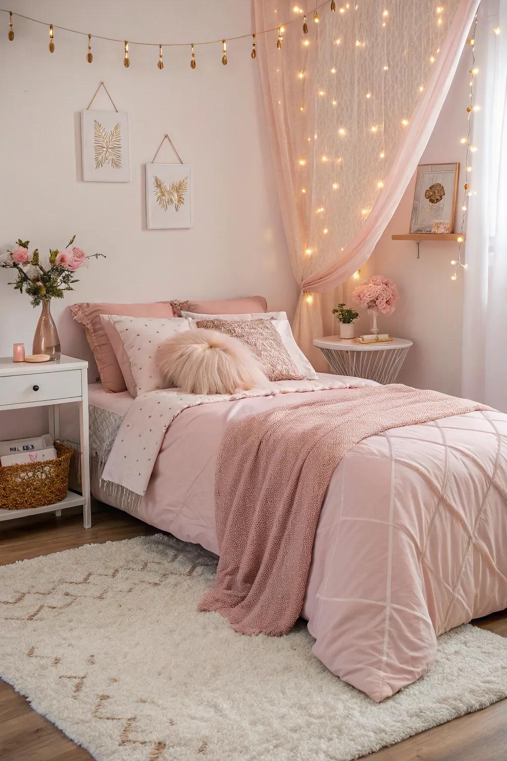 Pastel rose and blush-tone for a dreamy bedroom.