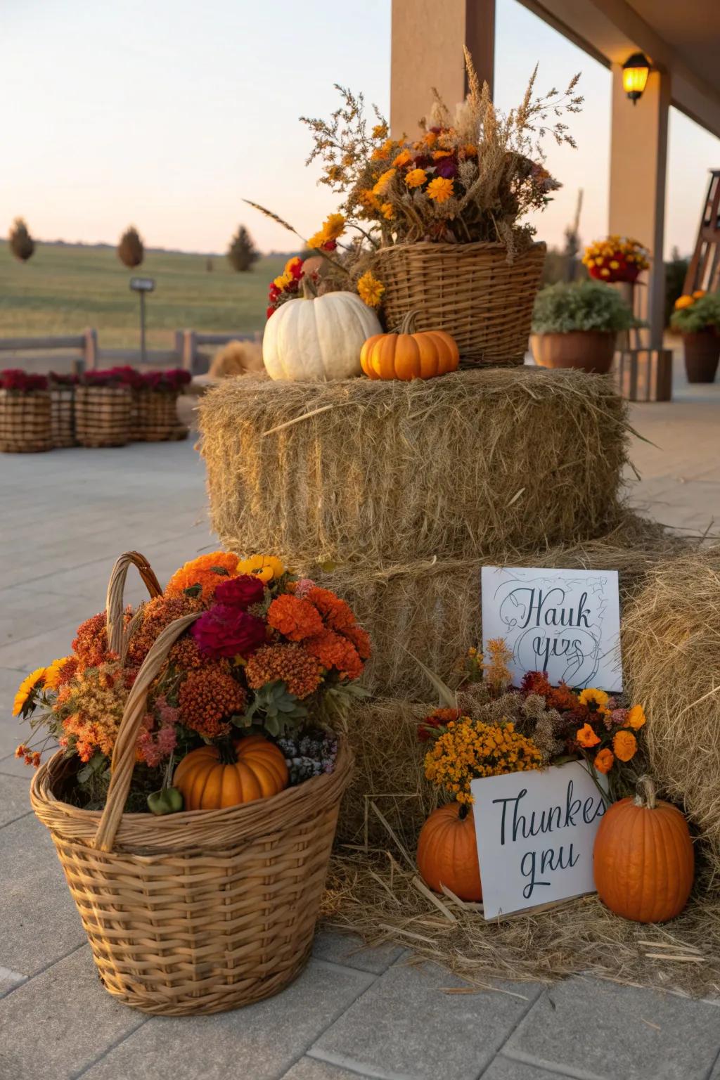 Celebrate the season of gratitude with a hay bale centerpiece embracing the spirit of thankfulness.