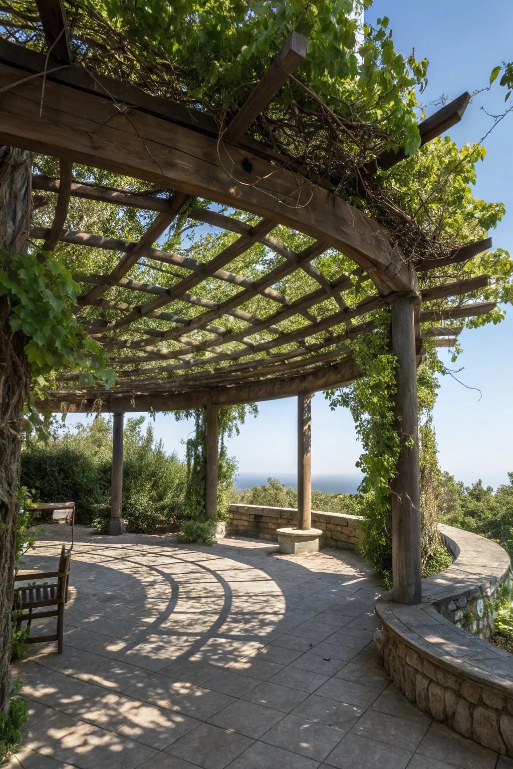 A pergola offers shade and style to this round patio.