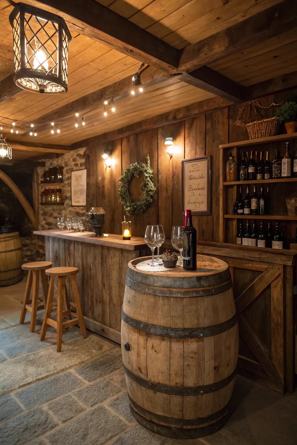 A wine cask converted into a charming table centerpiece.