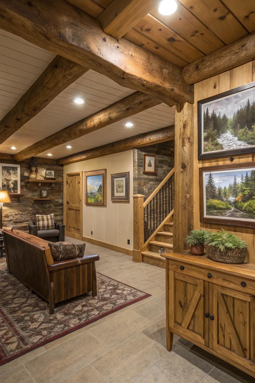 Wall art enhances the personality of your rustic basement.