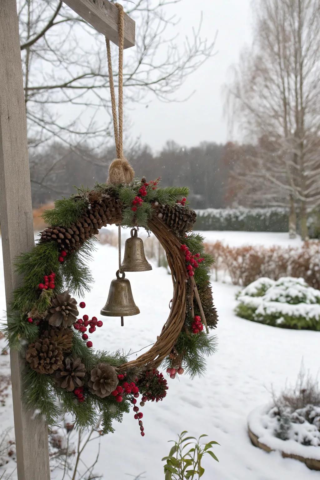 Homespun bells enrich this Christmas wreath with jubilant acoustics.