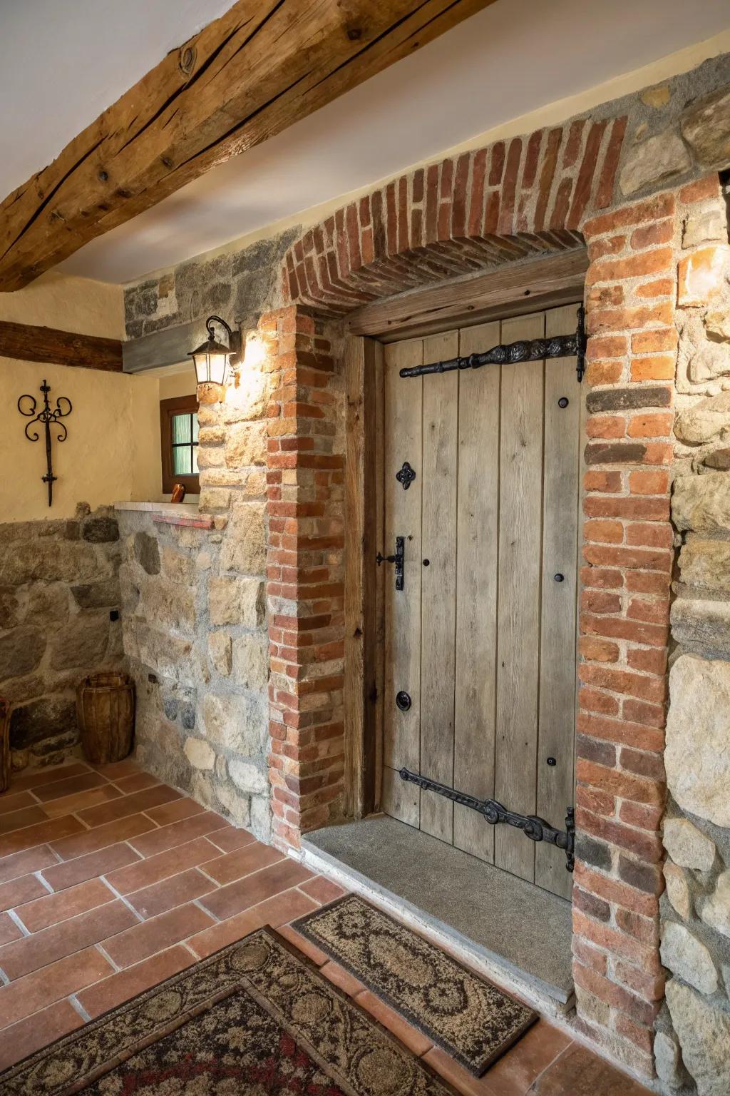 A country door trim matched by stonework and brickwork elements for added charm.