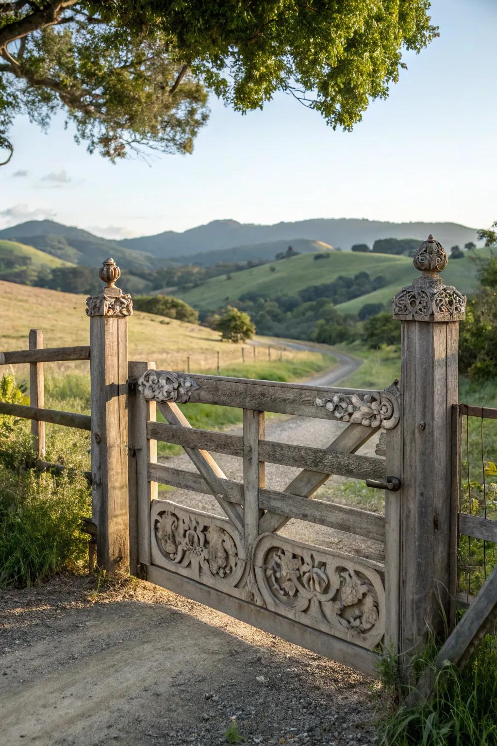A farm gate embellished with crossbar detailing.