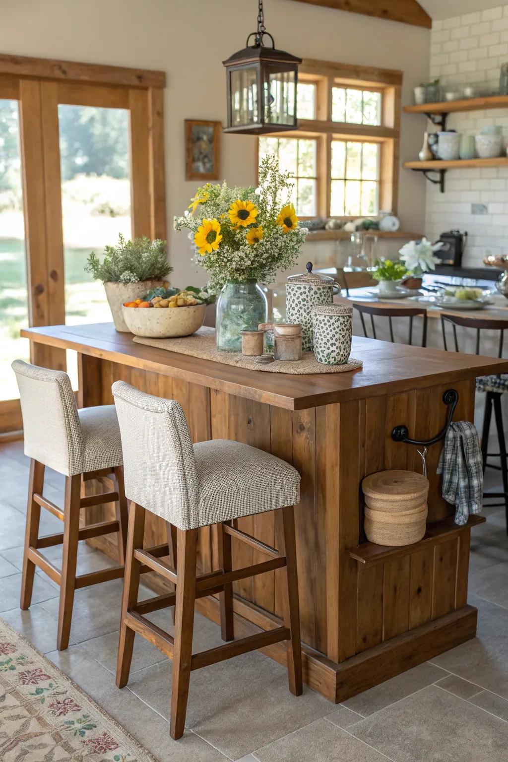 A welcoming farmhouse kitchen island with bar stools to enhance seating.