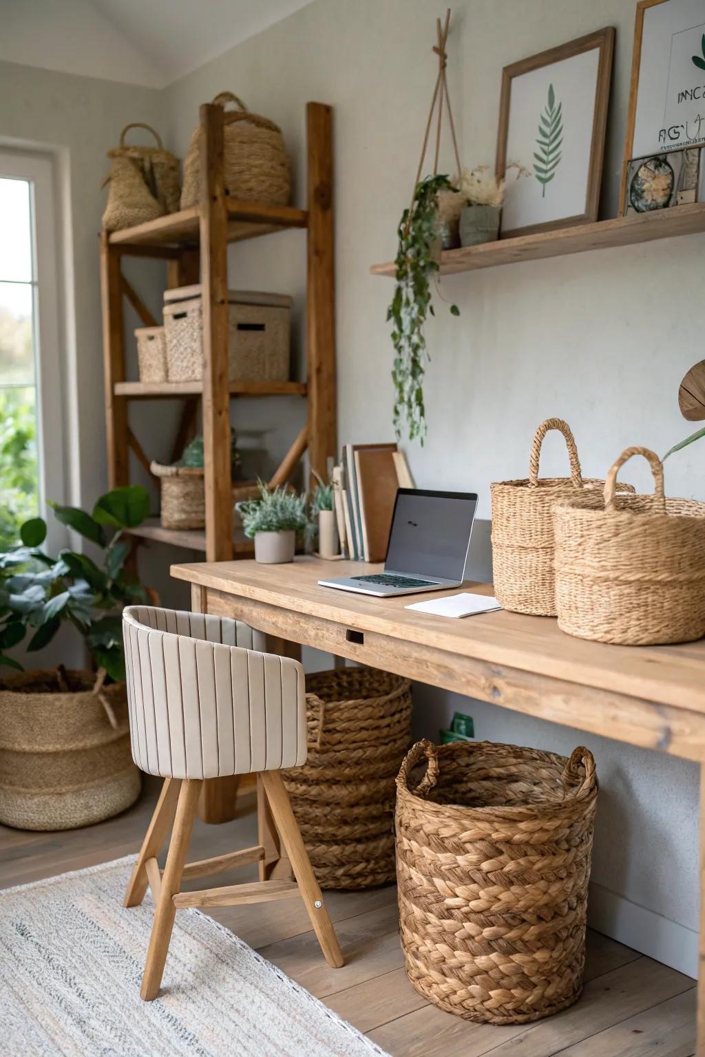 Woven baskets deliver both function and countryside flair to your workspace.
