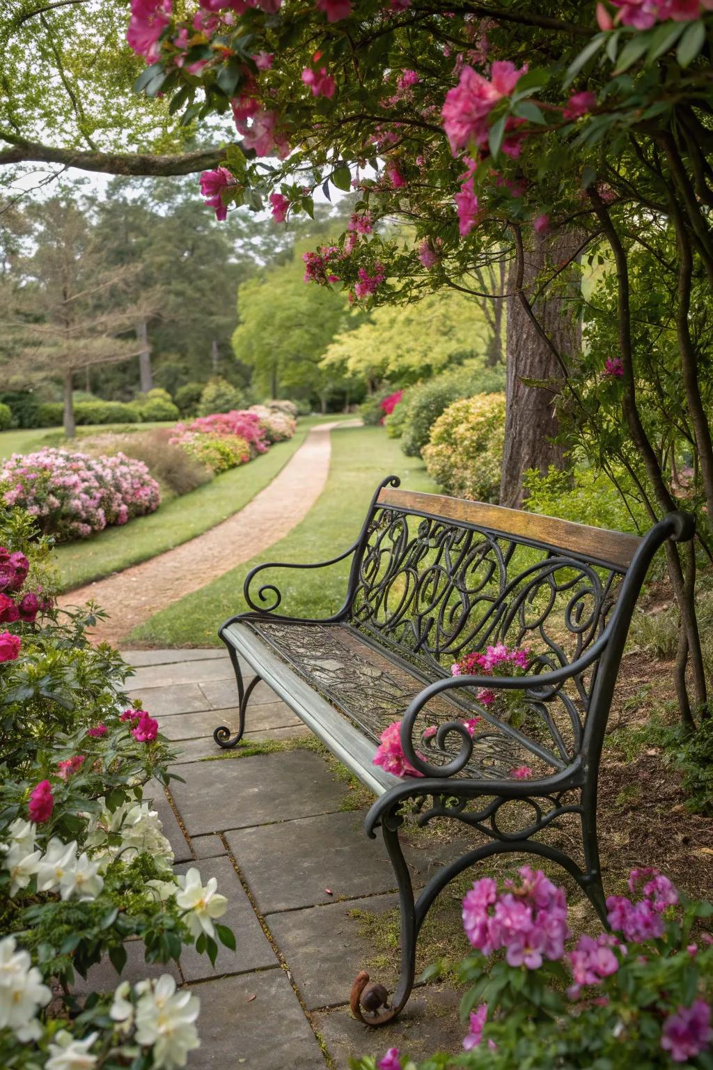 A metal bench that serves as both seating and garden art.