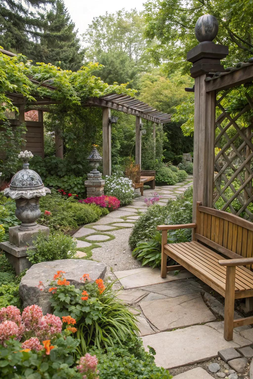 Natural materials such as timber and stone accentuate this garden.