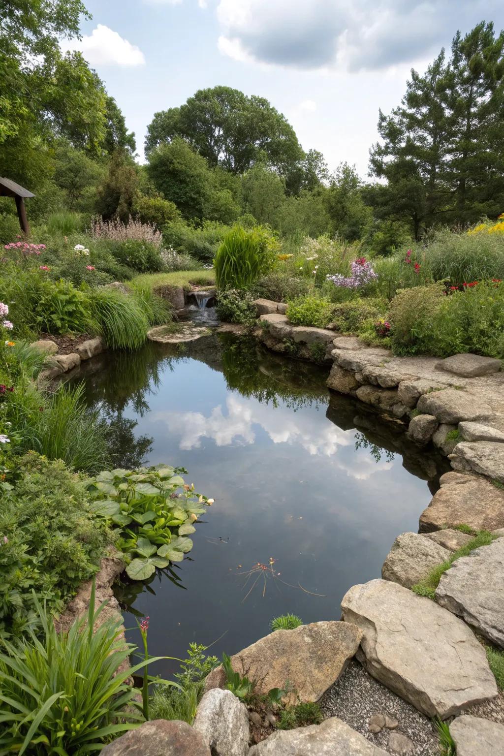 A tranquil pond enhancing the countryside garden atmosphere.