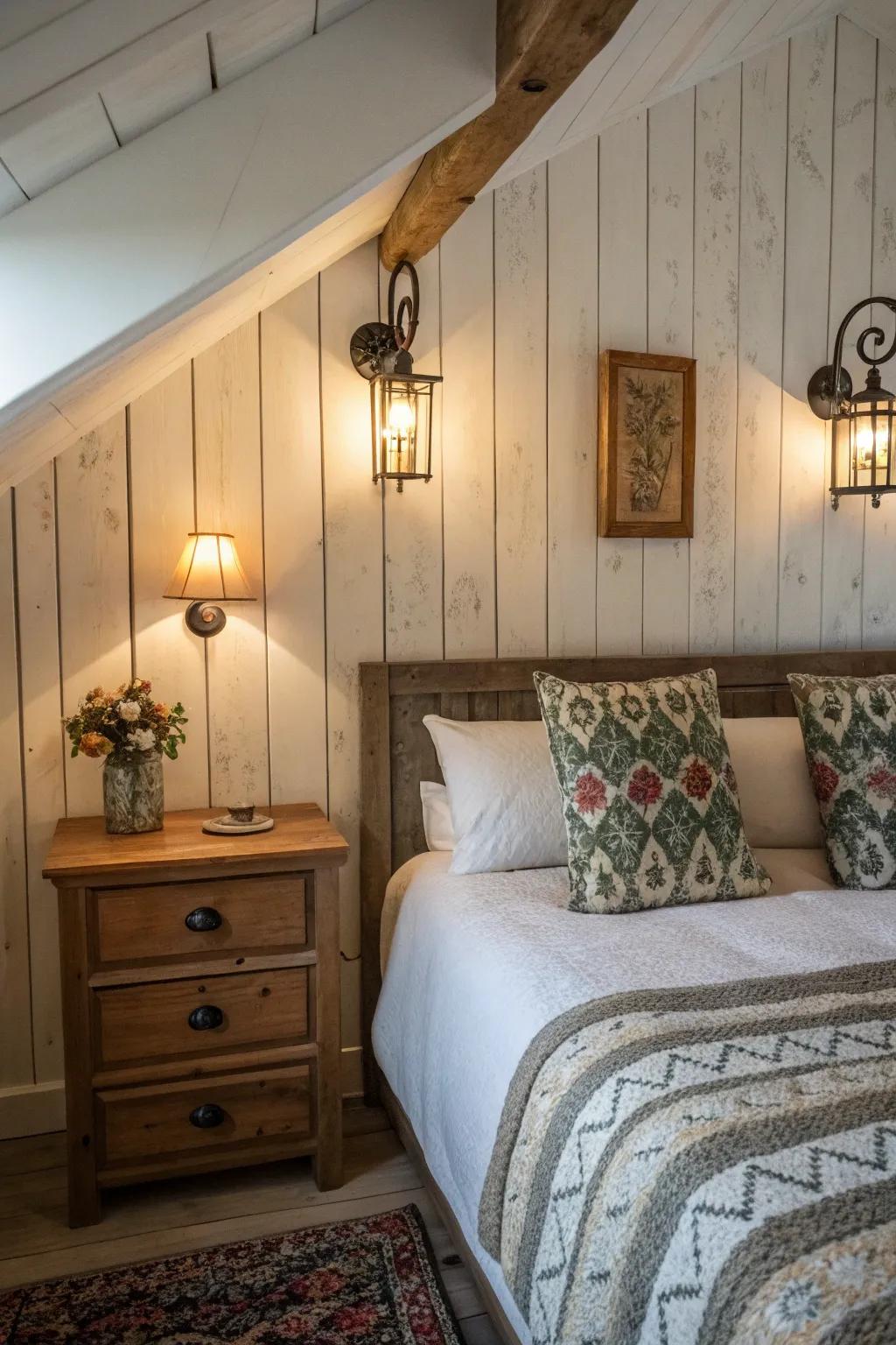 Soft wall lights introduce a snug touch to this cabin-style bedroom.