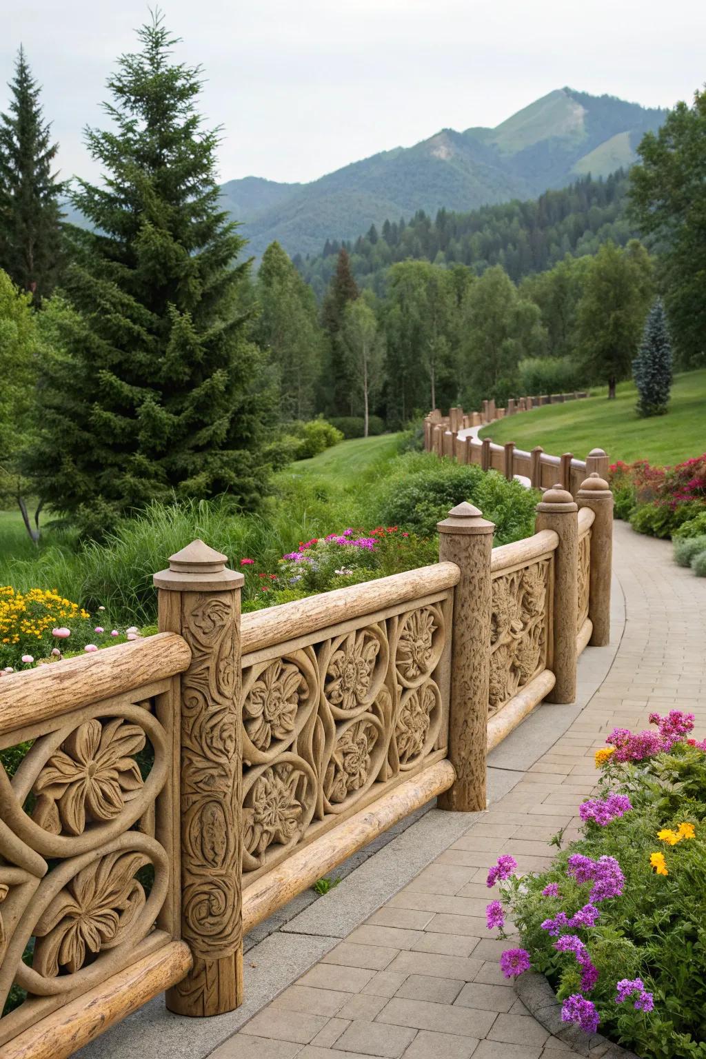 Intricate carvings on a timber barrier contribute artistic flair to a garden landscape.