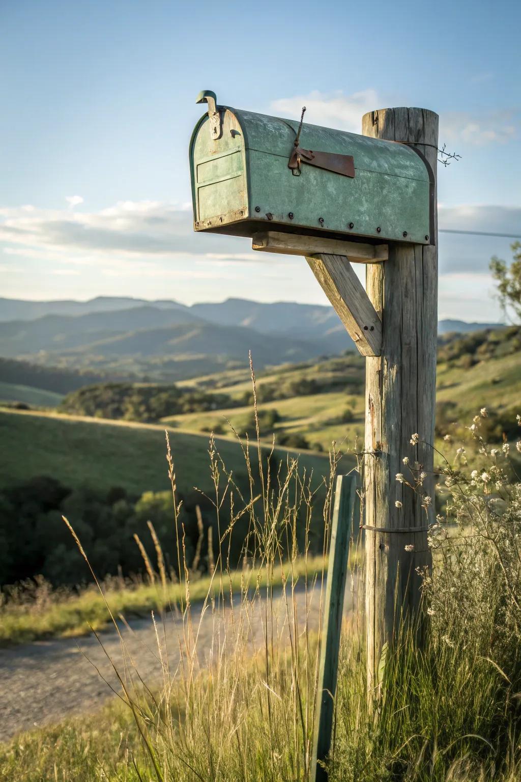 A suspended mailbox design imparts distinctive allure to this homespun stand.