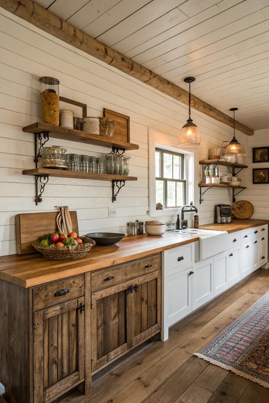 Plank clad walls create a snug, textured backdrop in a farmhouse kitchen.