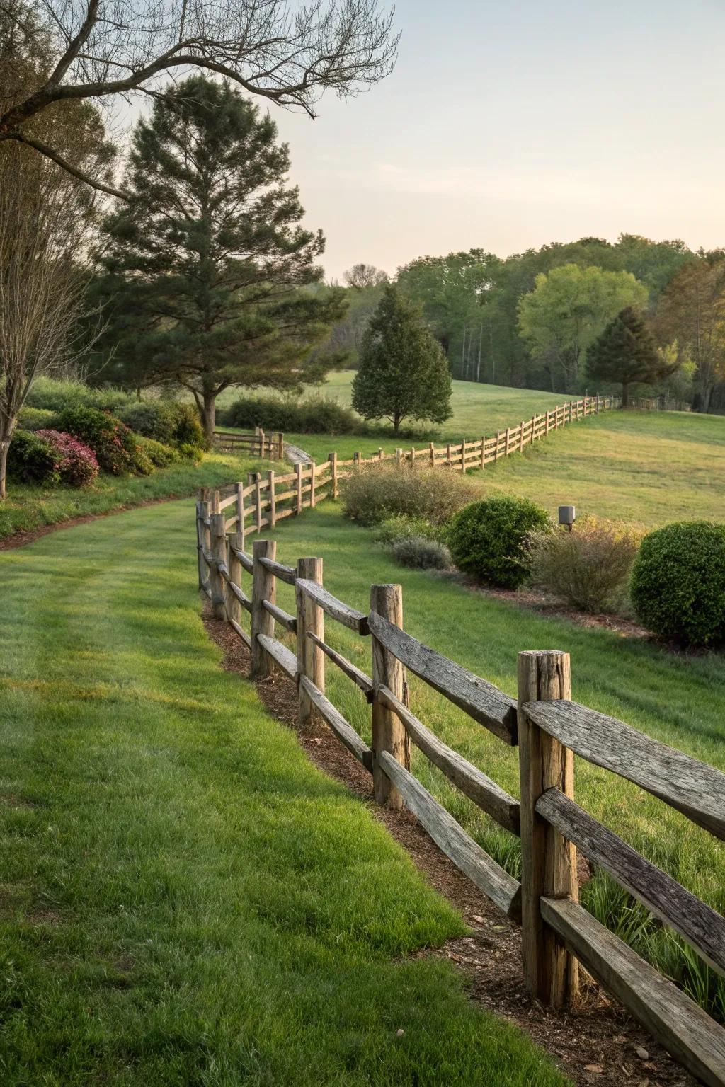 A rail fence with varying heights adds visual interest to the landscape.