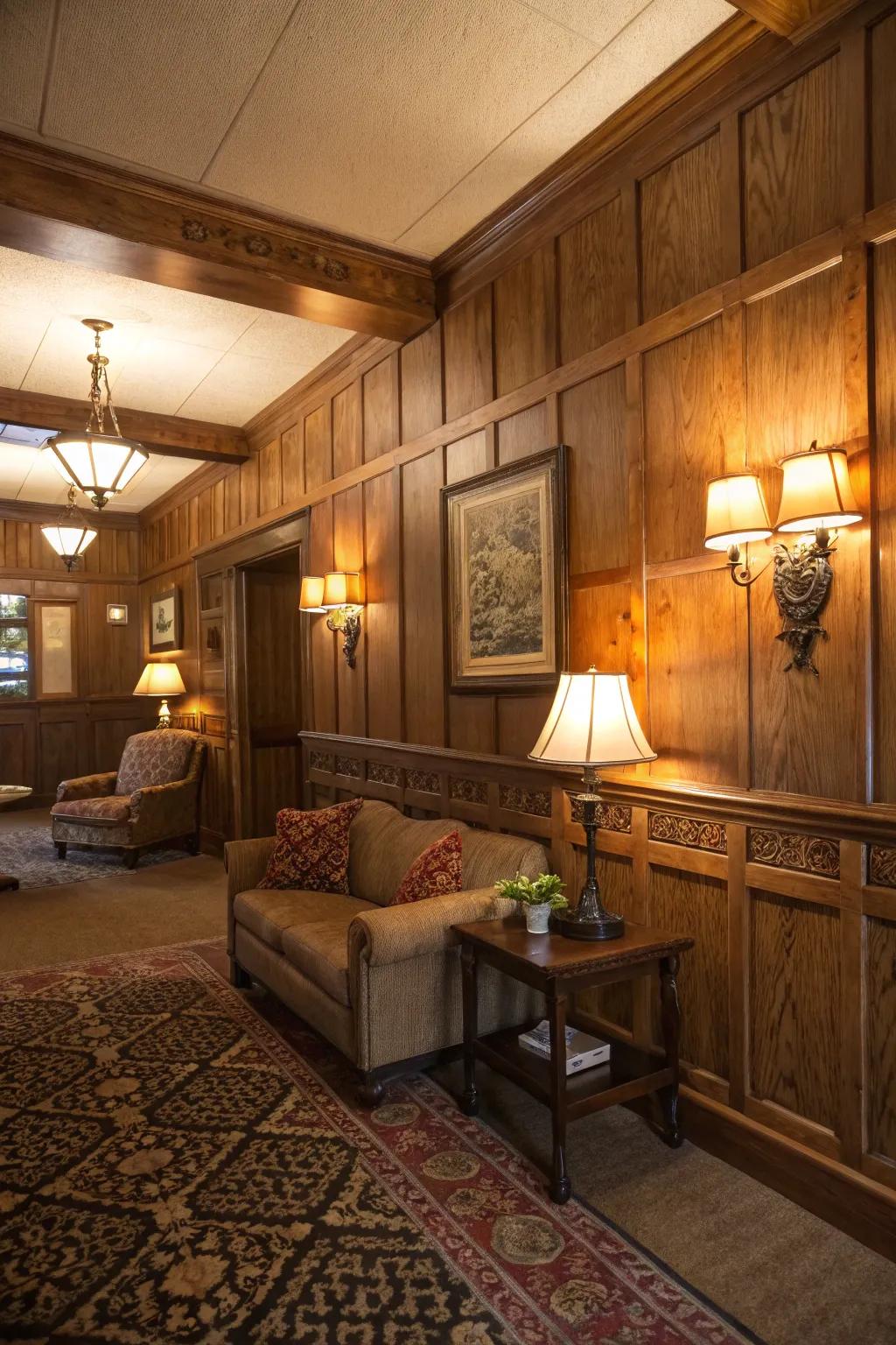 Radiant illumination enhances the countryside charm of wainscoting.