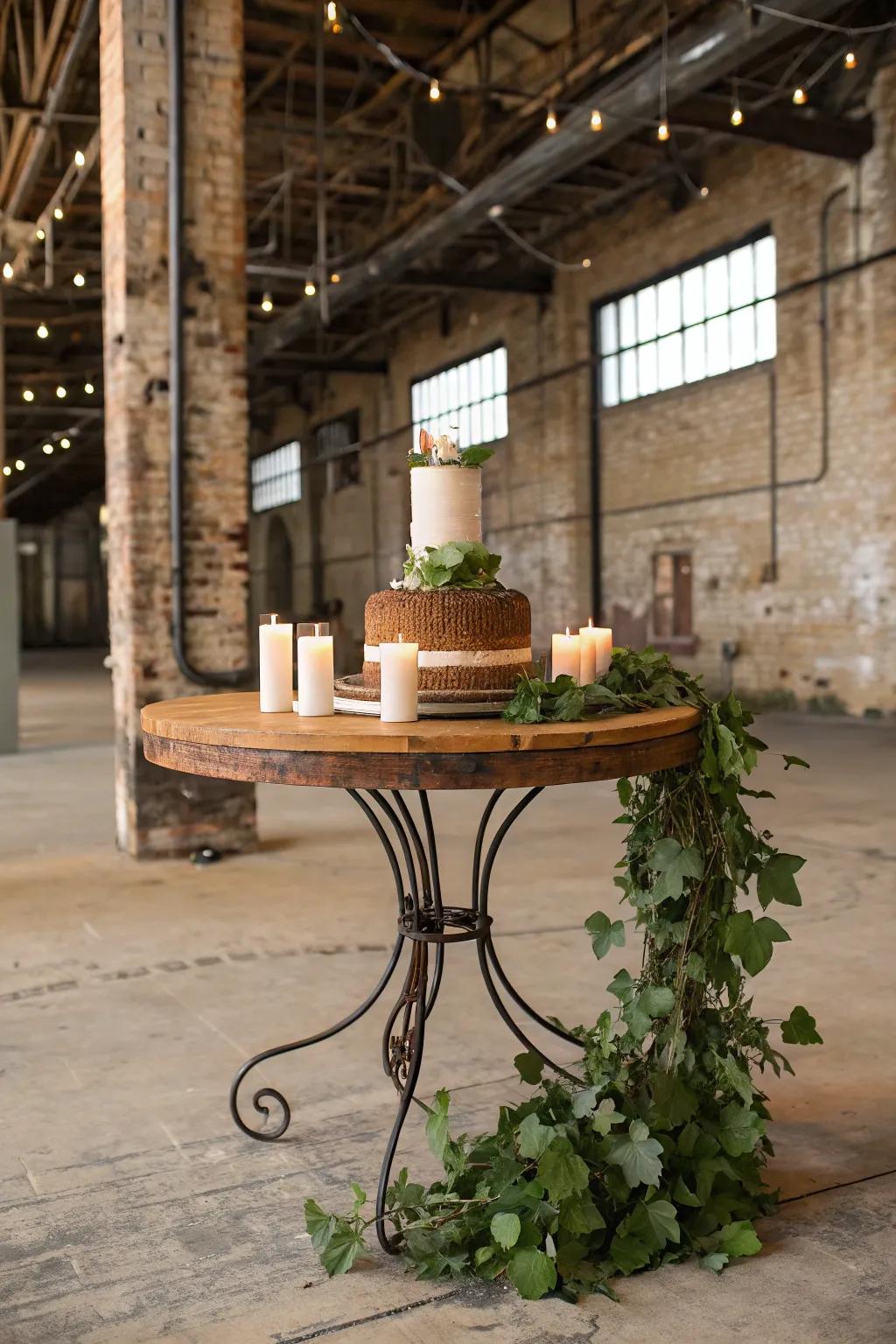 The sophistication of metal and timber combined for a countryside cake stand.