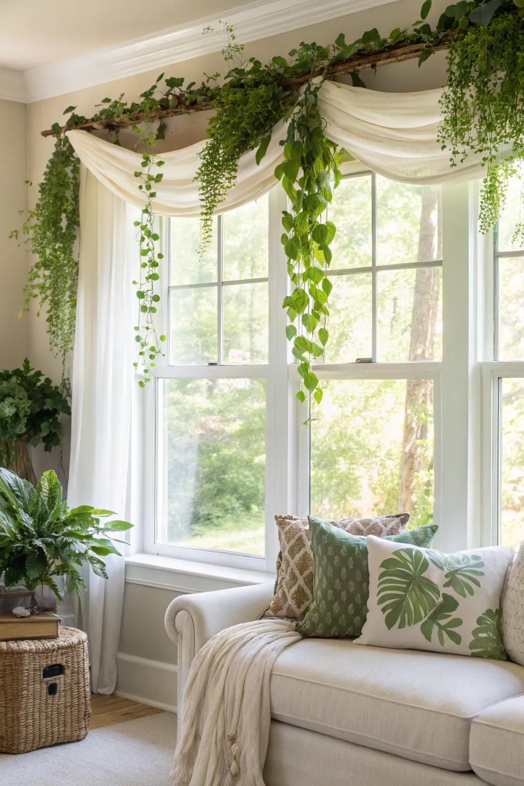 A nature-inspired living room featuring a valance decorated with foliage, creating a peaceful setting.
