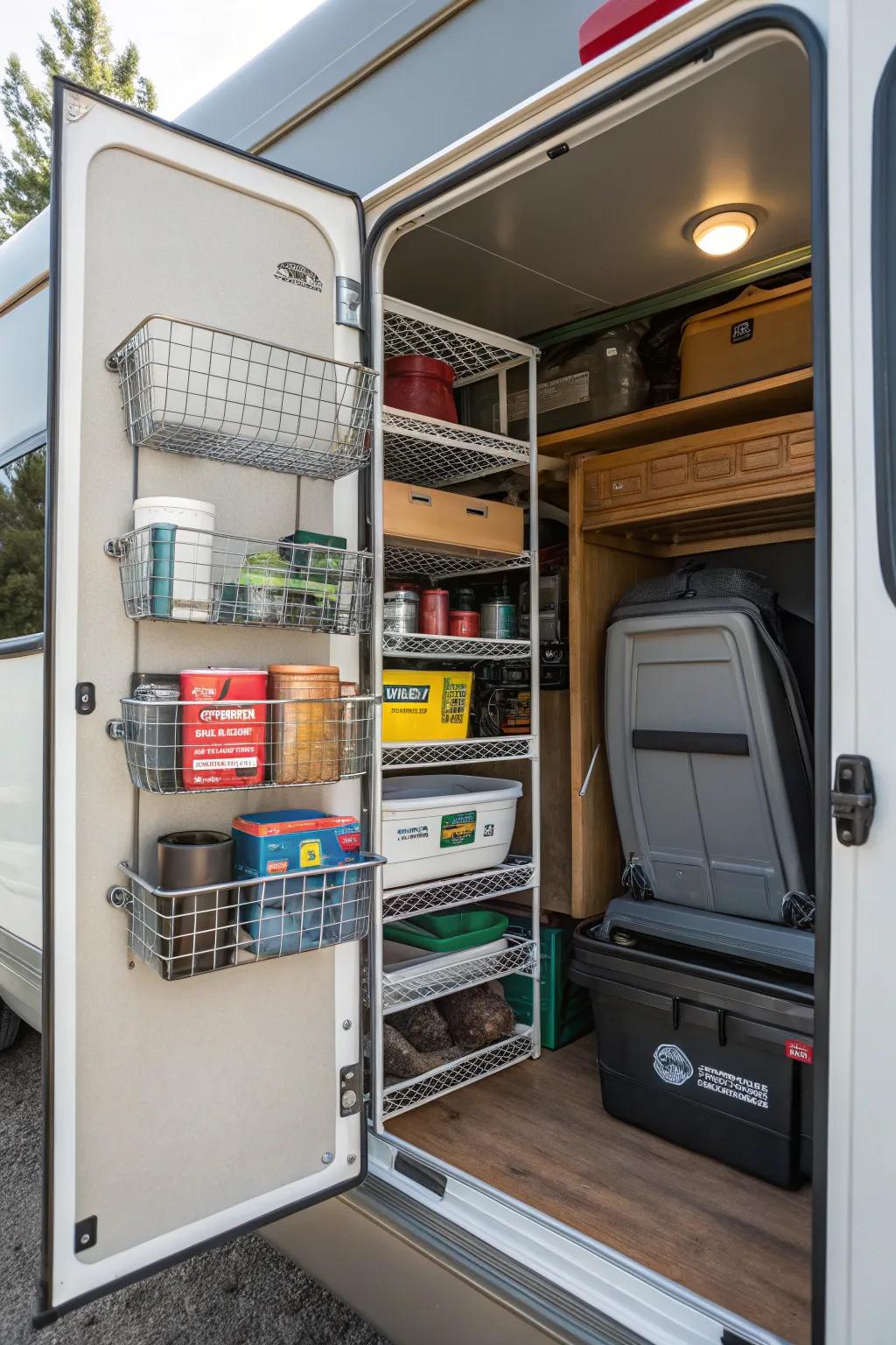 Mesh holding cubes offer durable storage solutions for an RV closet.