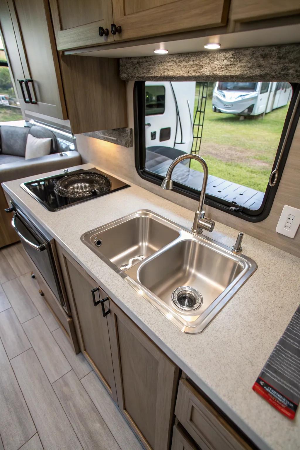 A top-mount basin for simple setup in an RV.