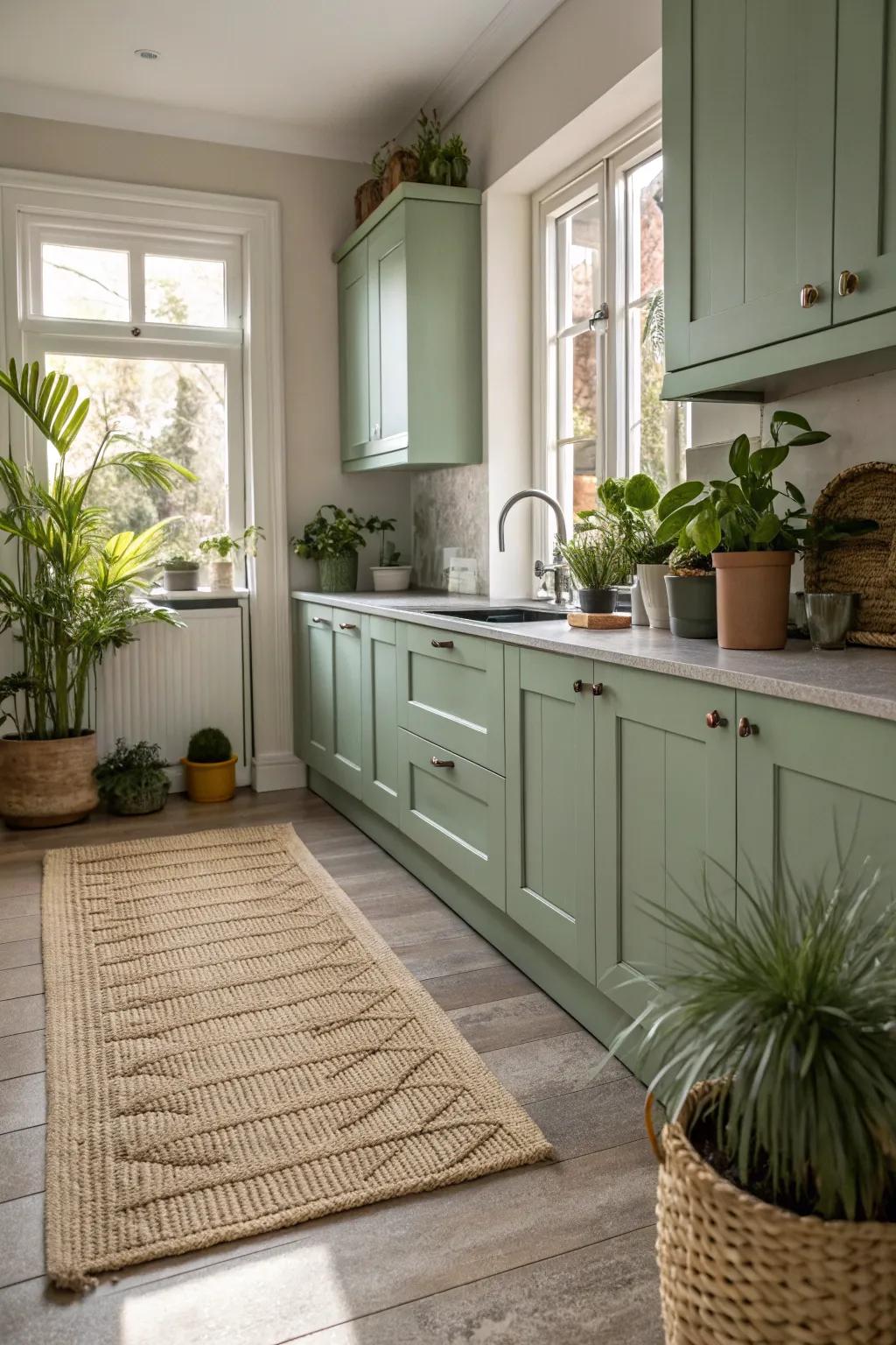 Textural components such as rugs and flora amplify the kitchen's warmth.