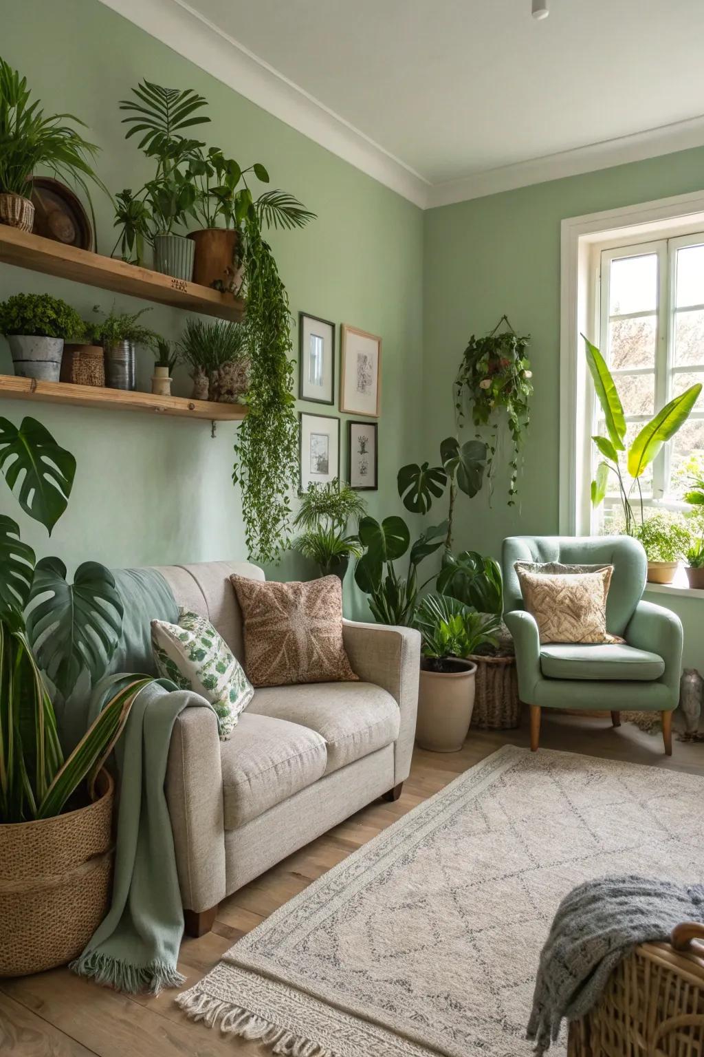 Potted flora breathes life and vibrancy into a sage green living area.