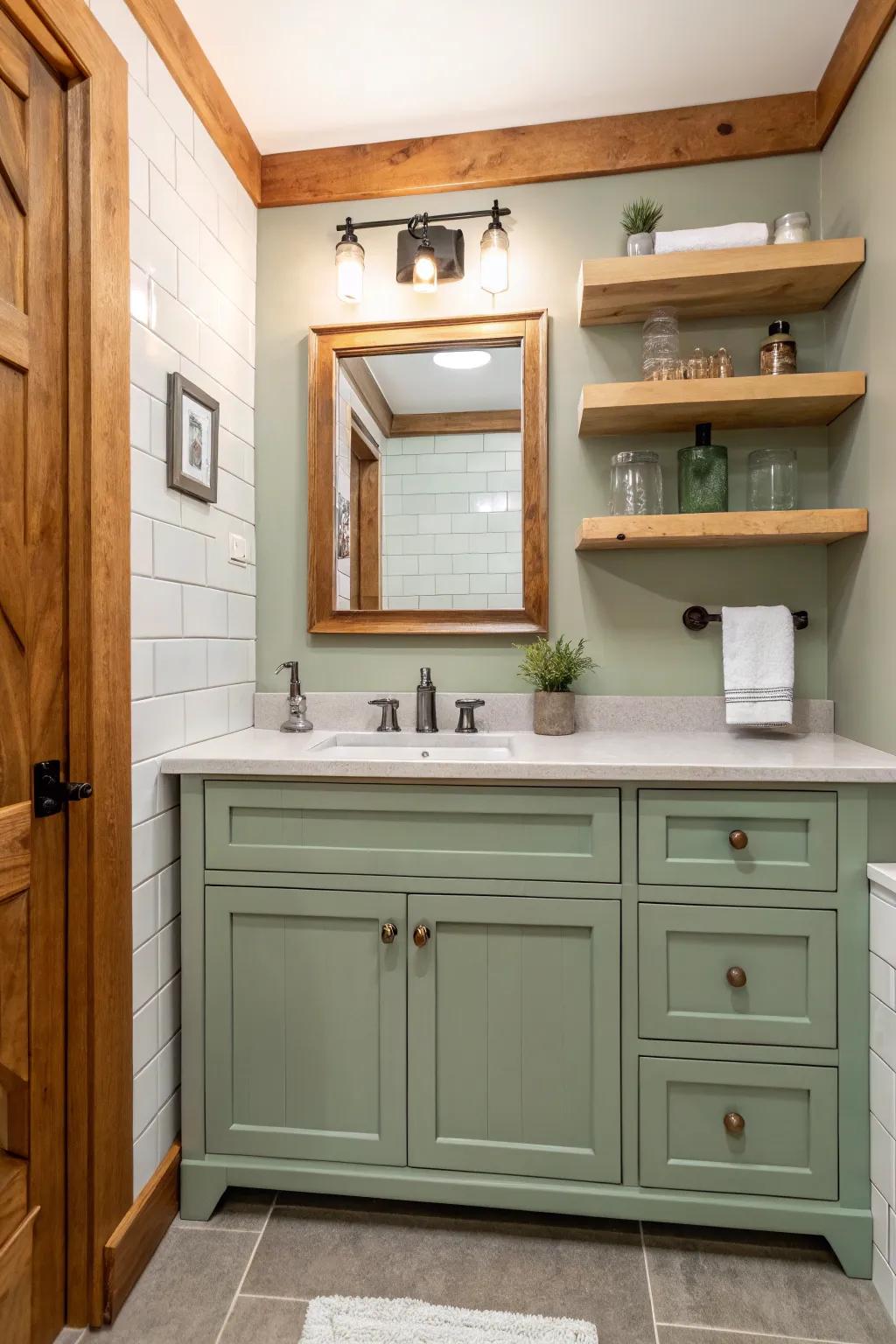A cozy bathroom with a sage green vanity and raw wood accents.