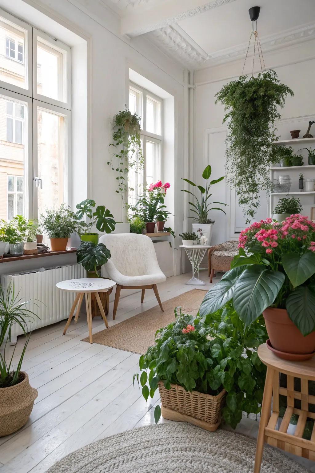 Indoor flora bring life to this Scandinavian setting.