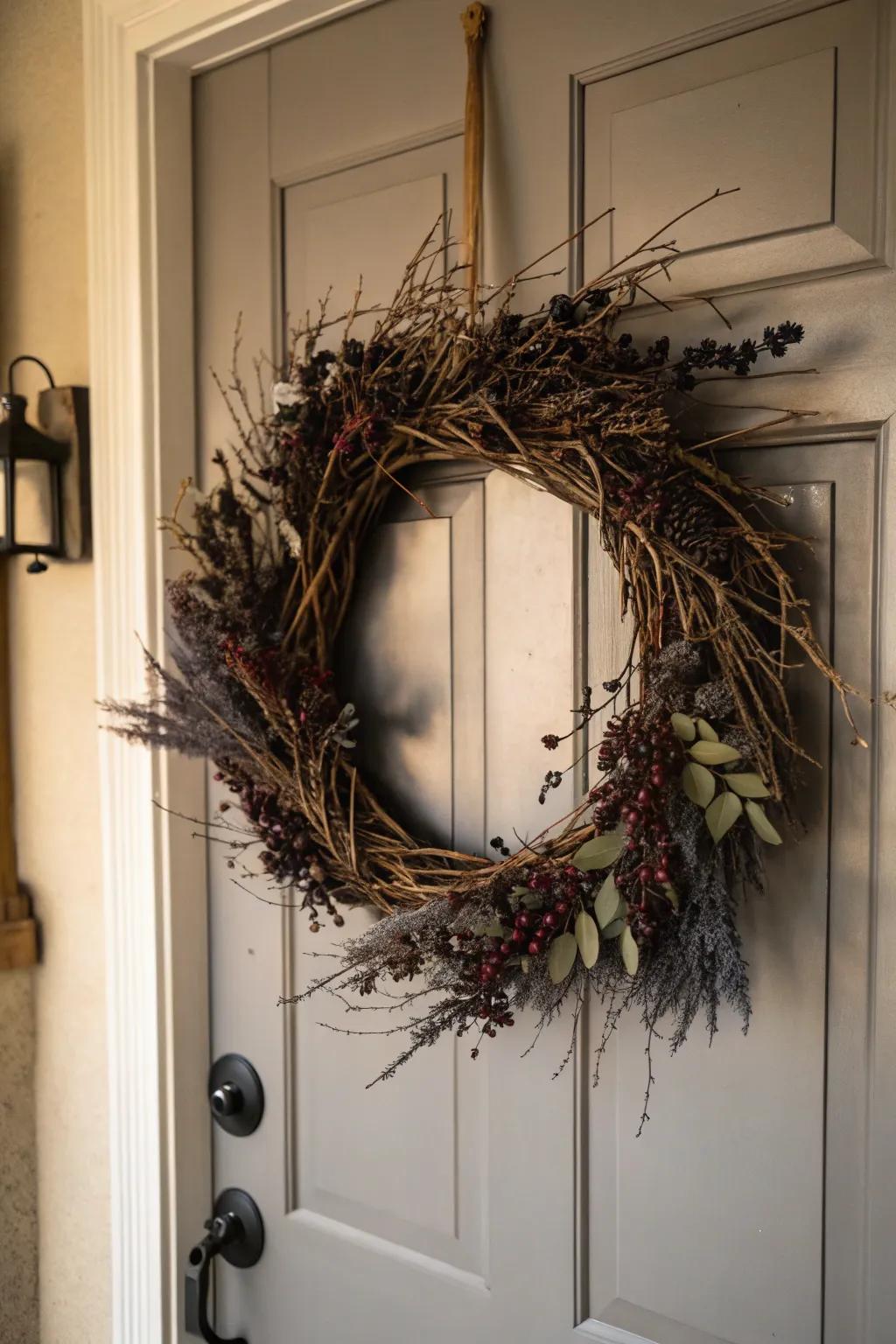 A sinister wreath adds a sophisticated dread to the front entrance.