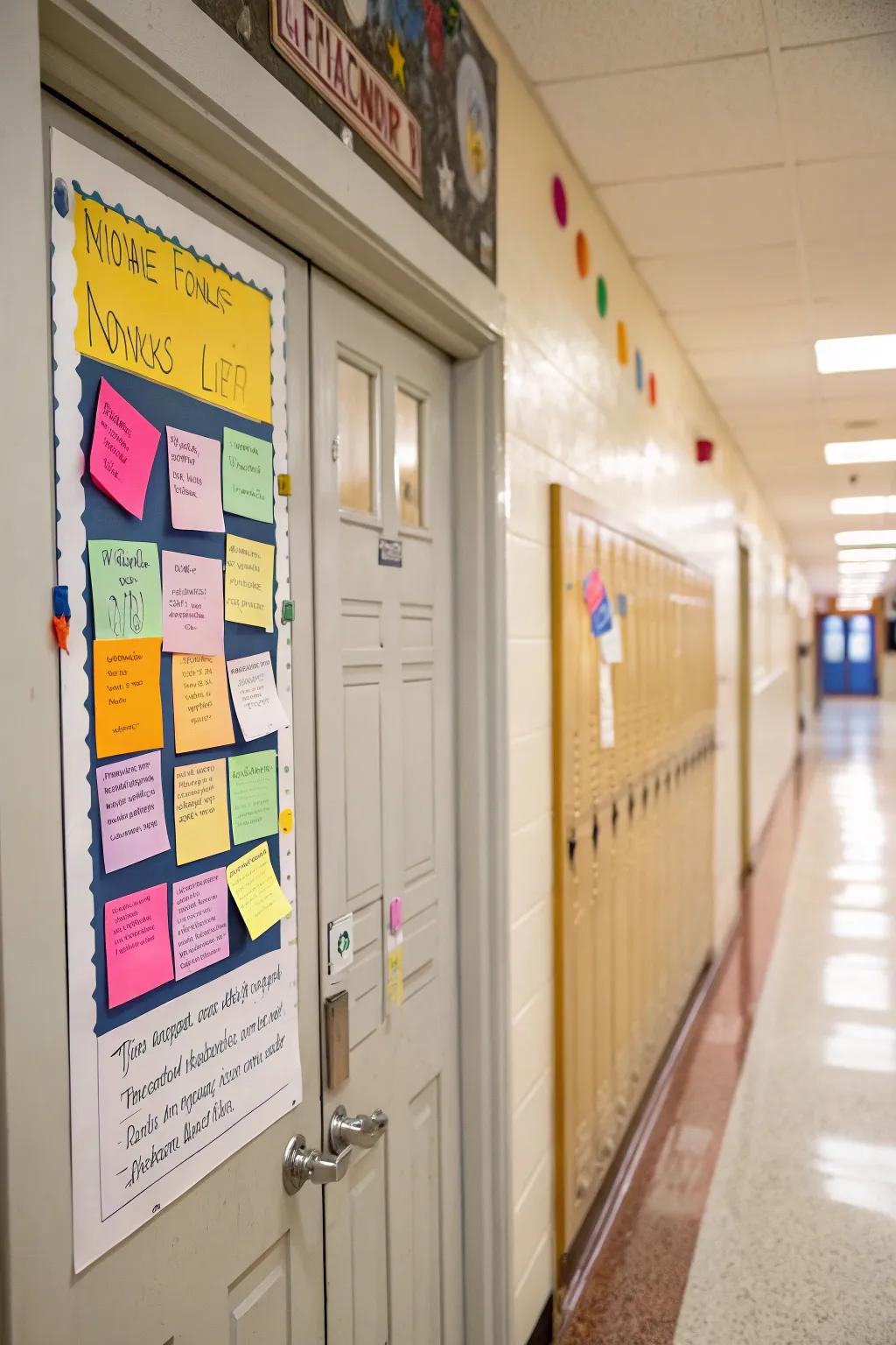 A community bulletin board positioned on the school clinic entrance for pupils’ notes and advice.